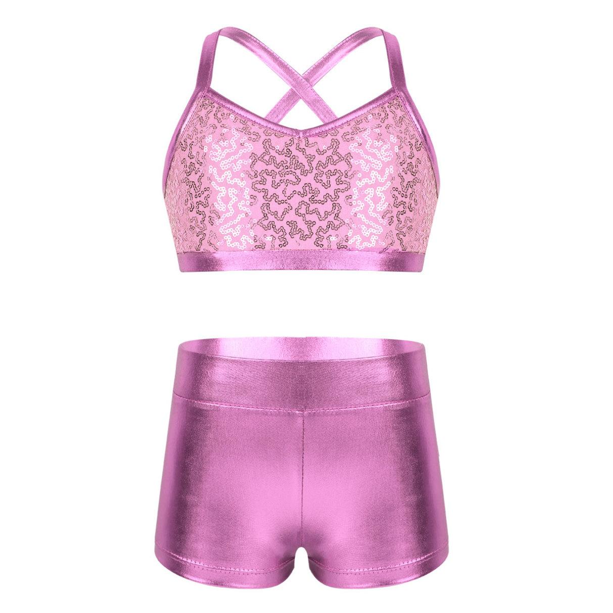 HULIJA Kinderen meisjes 2-delig gymnastiek turnpakje pailletten crop top atletische shorts balletdans tankinisets 5-6 Years