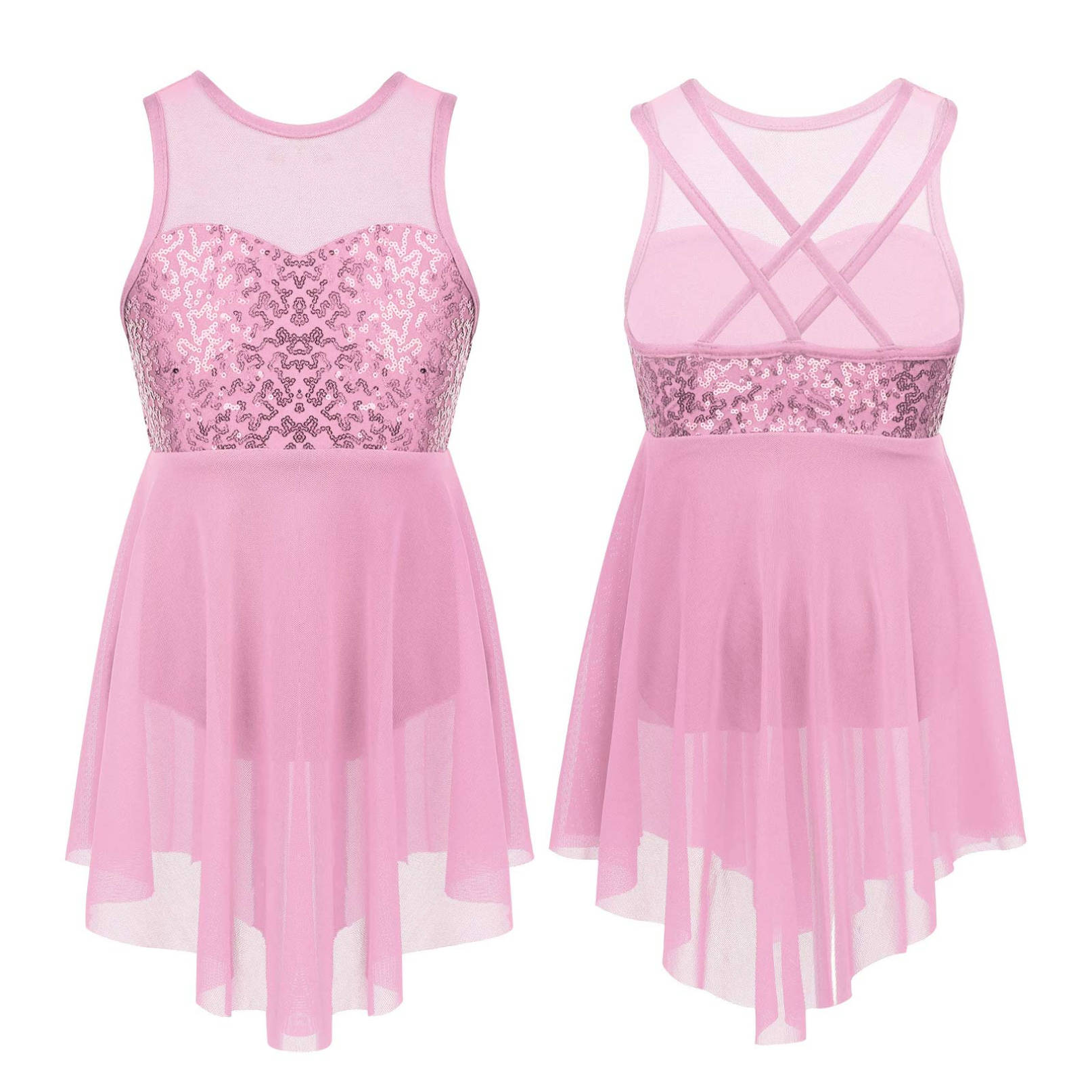 Inlzdz Lyrische danskostuum ballroomjurk meisjes mouwloze pailletten mesh turnpakje balletjurken 11-12 Years roze