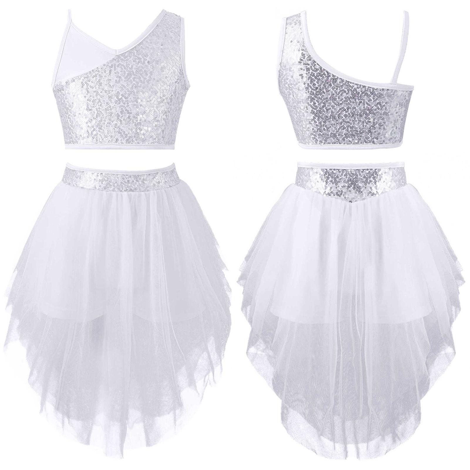 RUNQHUI Meisjes 2 stuks dansoutfits mouwloze spaghettibandjes pailletten crop top met tutu rok ballet danskleding 15-16 Years