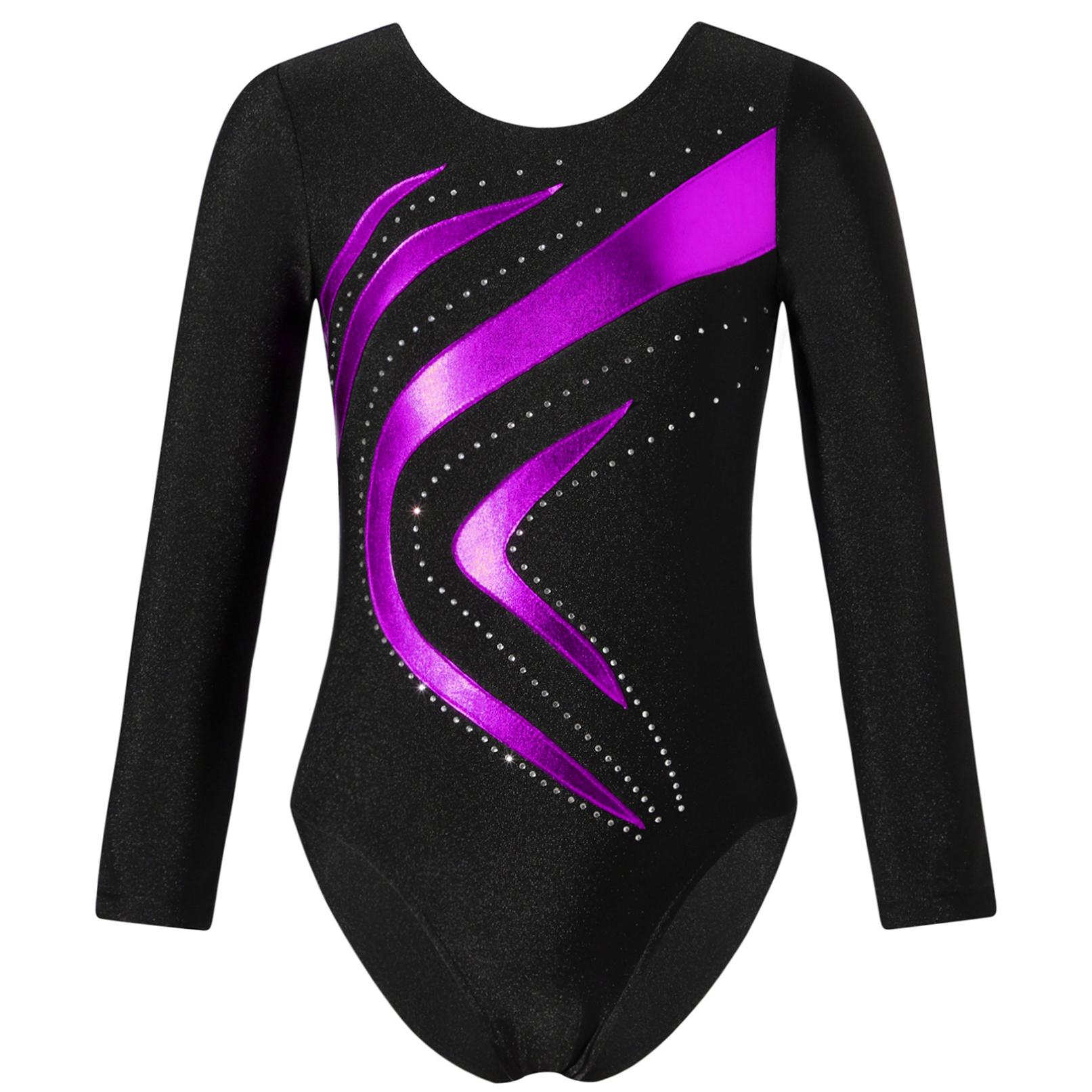 HULIJA Meisjes Turnpakje Glanzende Gymnastiek Maillots Lange Mouw Ballet Body Een Stuk Jumpsuit Gymnastiek Training Danskleding 13-14 Years