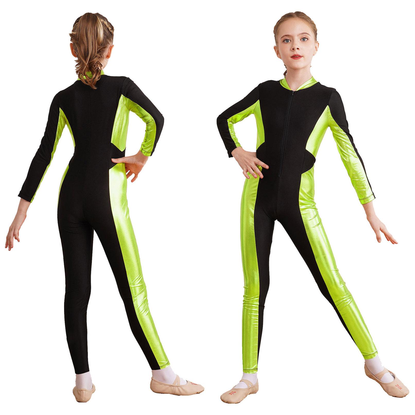 Daenrui Meisjes Dans Unitard Schaatsen Jumpsuit Eendelig bodysuit met lange mouwen Gymnastiek Turnpakje 13-14 Years fluorescerende groene kleur