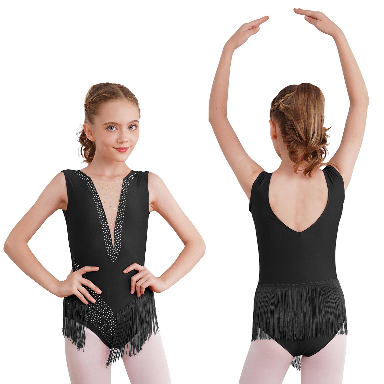 Inhzoy Kinderen meisjes ballet dans turnpakje kunstschaatsen gymnastiek prestatie kostuum glanzende strass kwastje bodysuit 13-14 Years