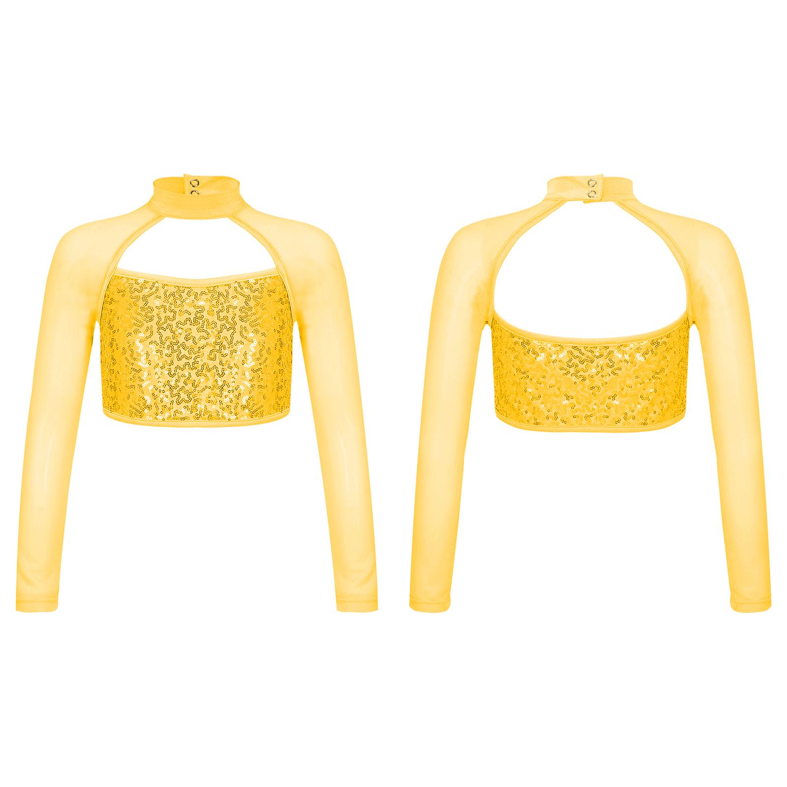 Sywiyi Kinderen Meisjes Sequins Crop Tops Lange Mouw Ballet Dans Tanktops voor Moderne Latijnse Jazz Dans Podiumvoorstelling Danskostuum 9-10 Years