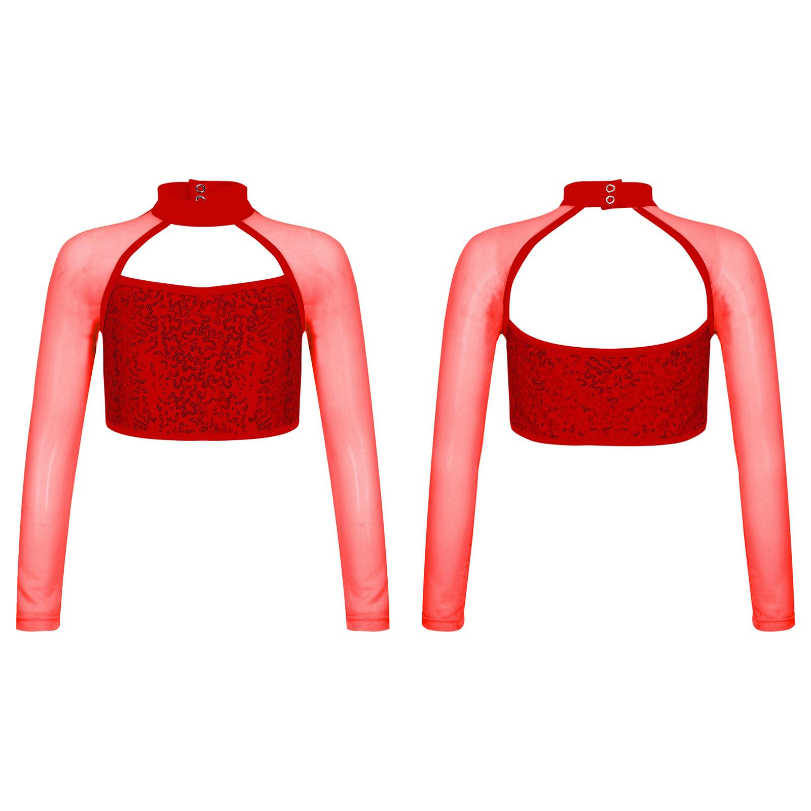 Sywiyi Kinderen Meisjes Sequins Crop Tops Lange Mouw Ballet Dans Tanktops voor Moderne Latijnse Jazz Dans Podiumvoorstelling Danskostuum 15-16 Years rood