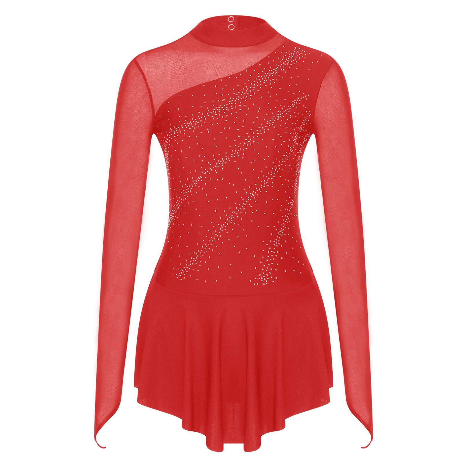 HULIJA Kunstschaatsjurk Dames Schaatsjurk voor meisjes Strass Lange mouwen Mesh Training Wedstrijdschaatskleding M
