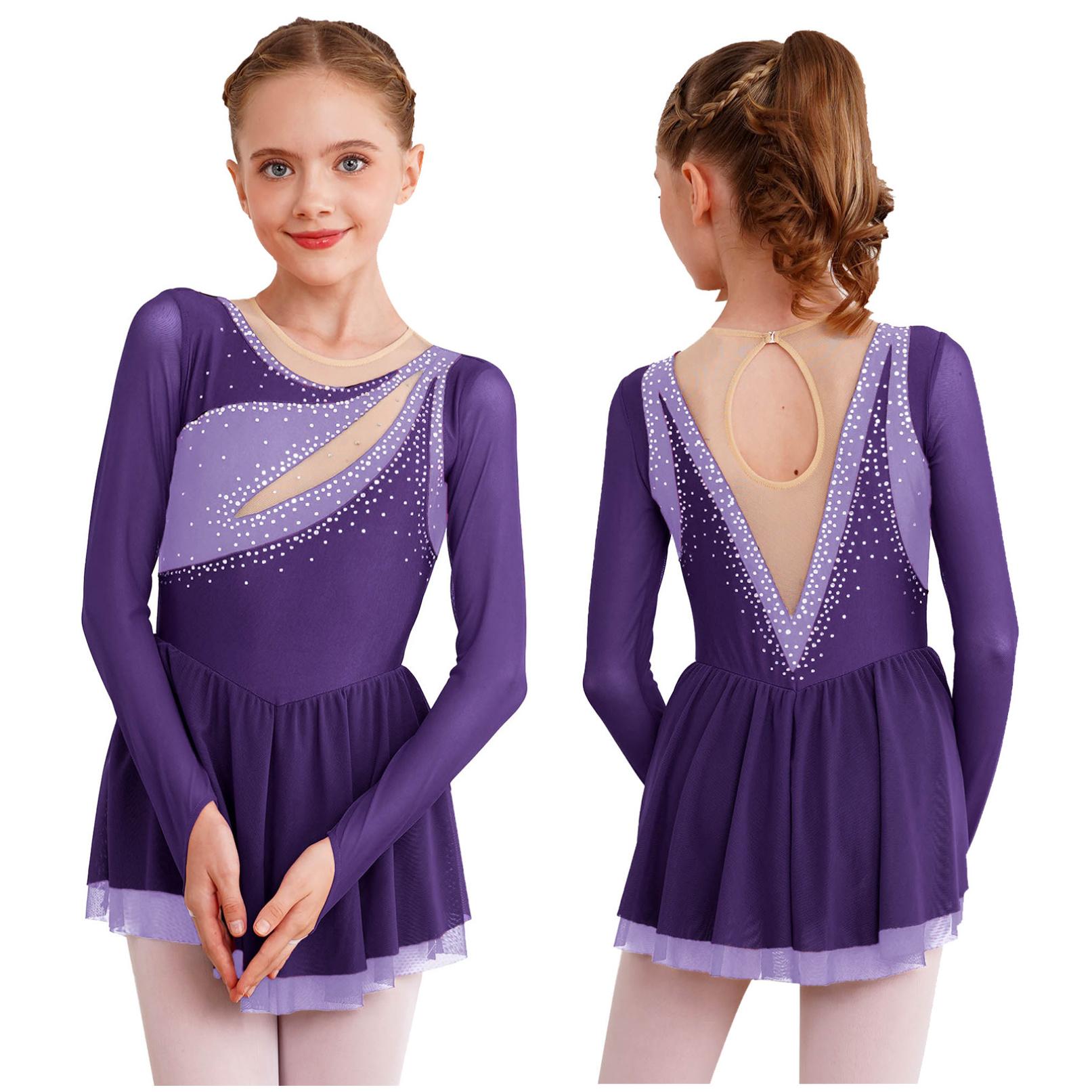Ranrann Kids Meisjes Ballet Lyrische Dans Jurk Ritmische Gymnastiek Turnpakje Jurken Lange Mouw Strass Figuur Schaatsen Dancewear 5-6 Years