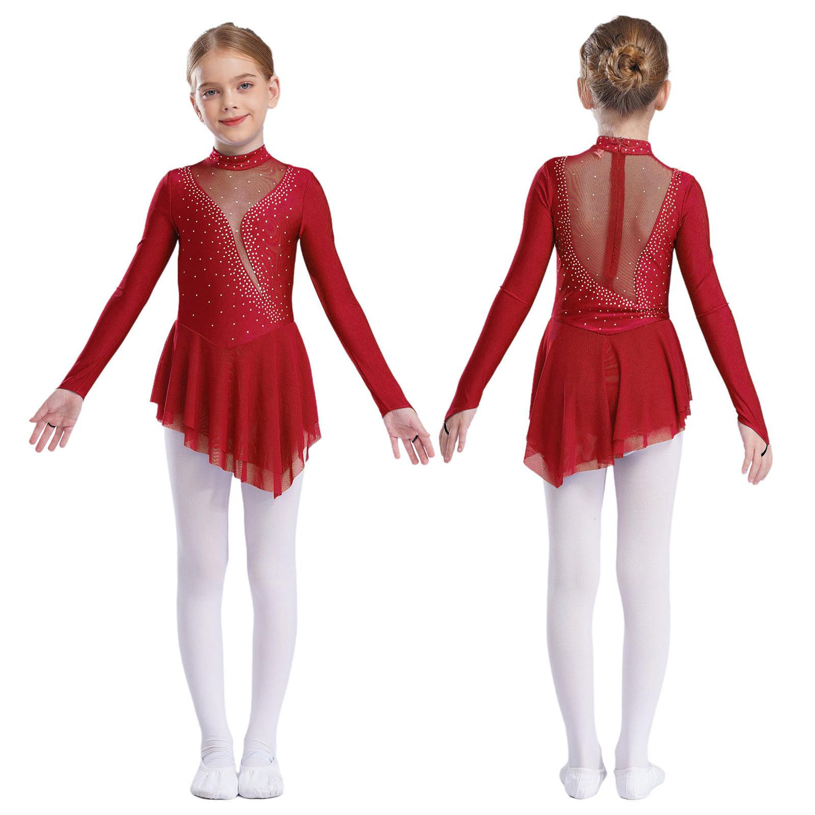 Manyakai Kunstschaatsjurk voor meisjes, lange mouwen, onregelmatige zoom, leotardjurk, podiumkostuum 5-6 Years