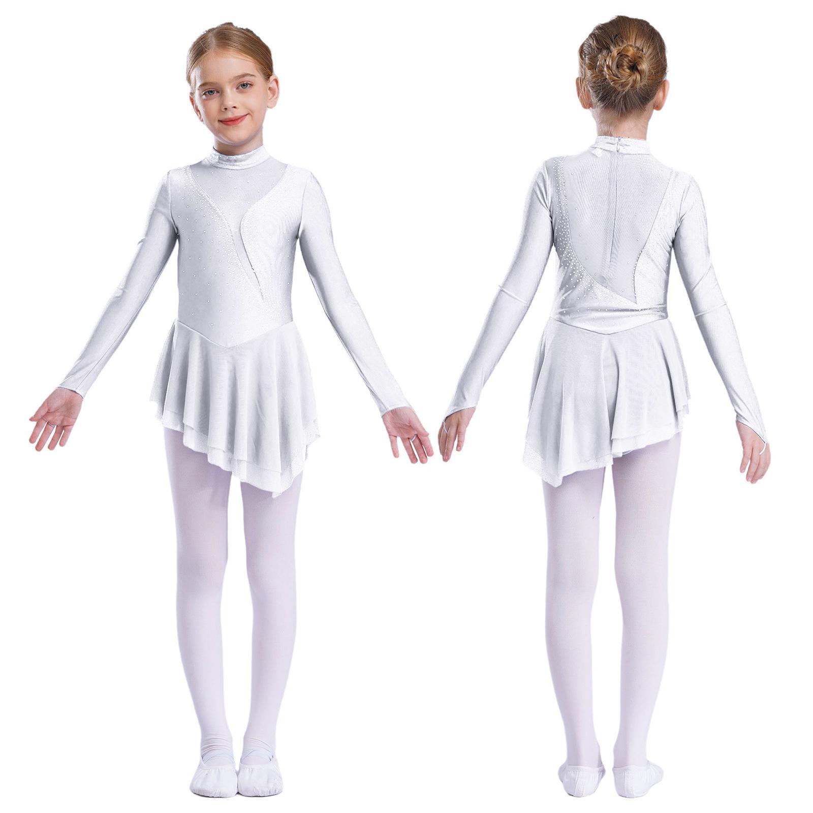 Manyakai Kunstschaatsjurk voor meisjes, lange mouwen, onregelmatige zoom, leotardjurk, podiumkostuum 11-12 Years