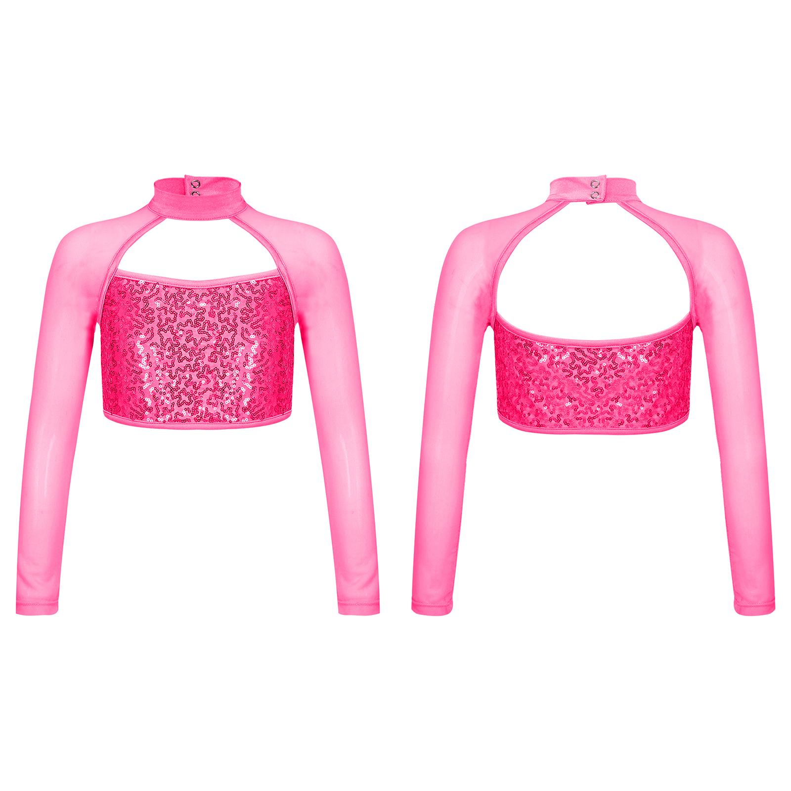 Sywiyi Kinderen Meisjes Sequins Crop Tops Lange Mouw Ballet Dans Tanktops voor Moderne Latijnse Jazz Dans Podiumvoorstelling Danskostuum 13-14 Years