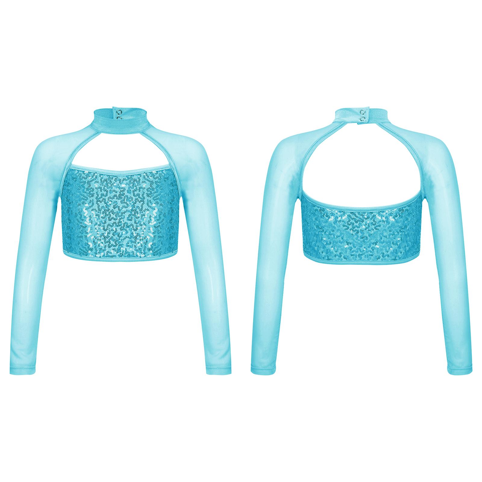 Sywiyi Kinderen Meisjes Sequins Crop Tops Lange Mouw Ballet Dans Tanktops voor Moderne Latijnse Jazz Dans Podiumvoorstelling Danskostuum 13-14 Years