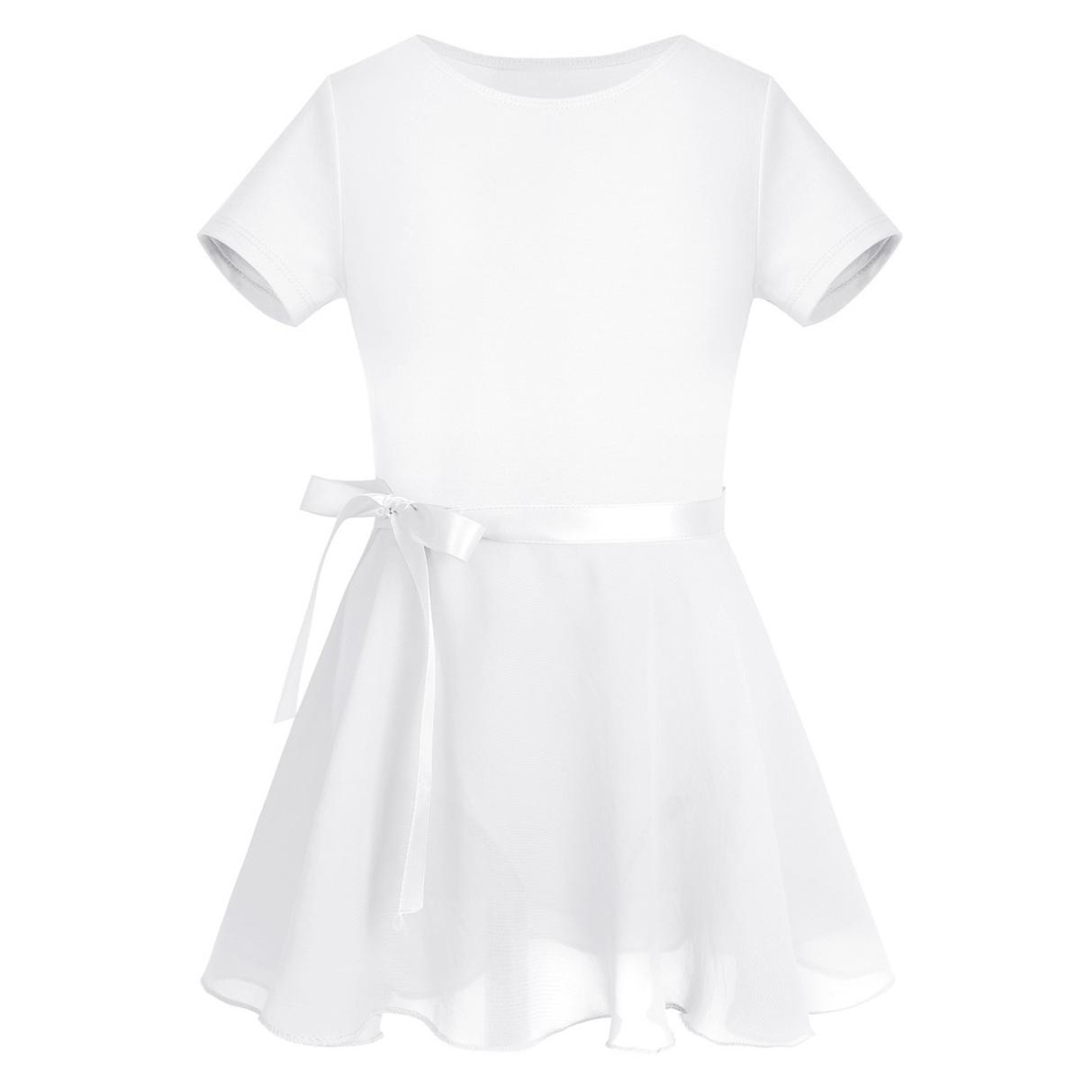 YONGHS Balletjurk voor kinderen meisjes dansjurk met korte mouwen en chiffon rok gymnastiek tutu turnpakje jurk 3-4 Years wit