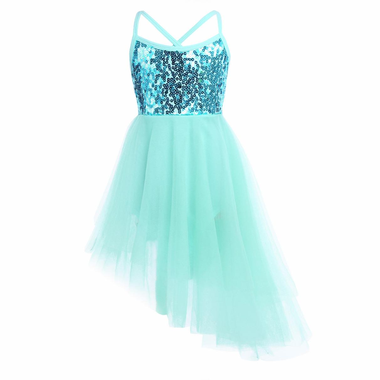 Manyakai Kinderen Meisjes Stage Dance Kleding Mouwloze Pailletten Asymmetrische Tule Ballet Dans Gymnastiek Turnpakje Jurk 11-12 Years