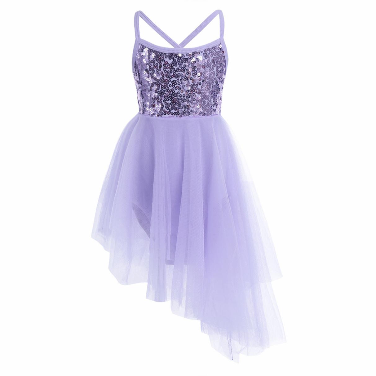 Manyakai Kinderen Meisjes Stage Dance Kleding Mouwloze Pailletten Asymmetrische Tule Ballet Dans Gymnastiek Turnpakje Jurk 7-8 Years