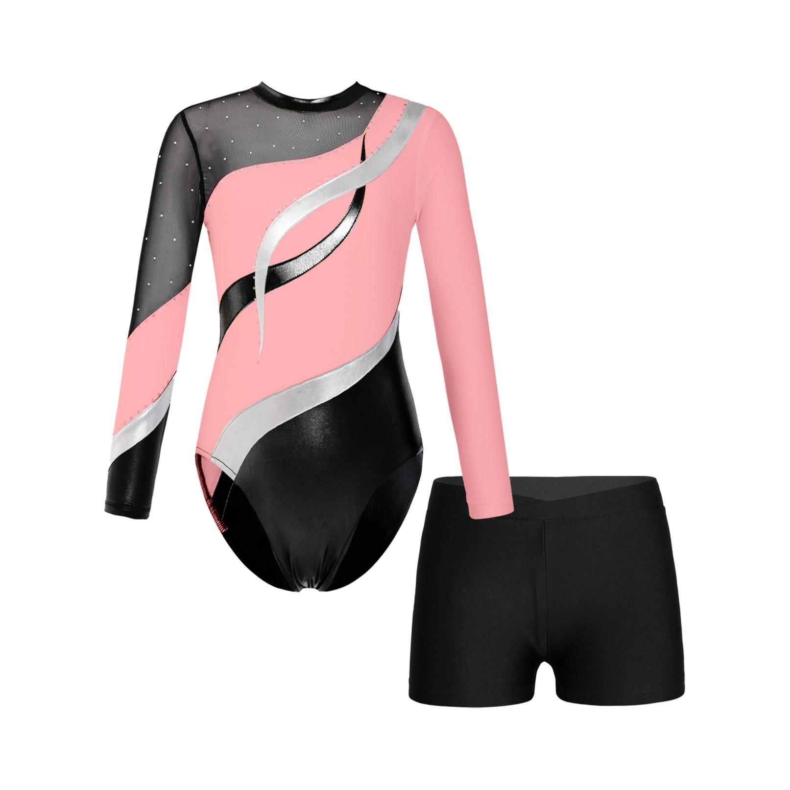 YOOJIA Kinderen Meisjes Lange mouw Glanzend Strass Versierd Uitsparing Achterkant Patchwork Turnpakje met V-voorkant Tailleband Shorts voor Dans Gymnastiek Prestaties 13-14 Years roze
