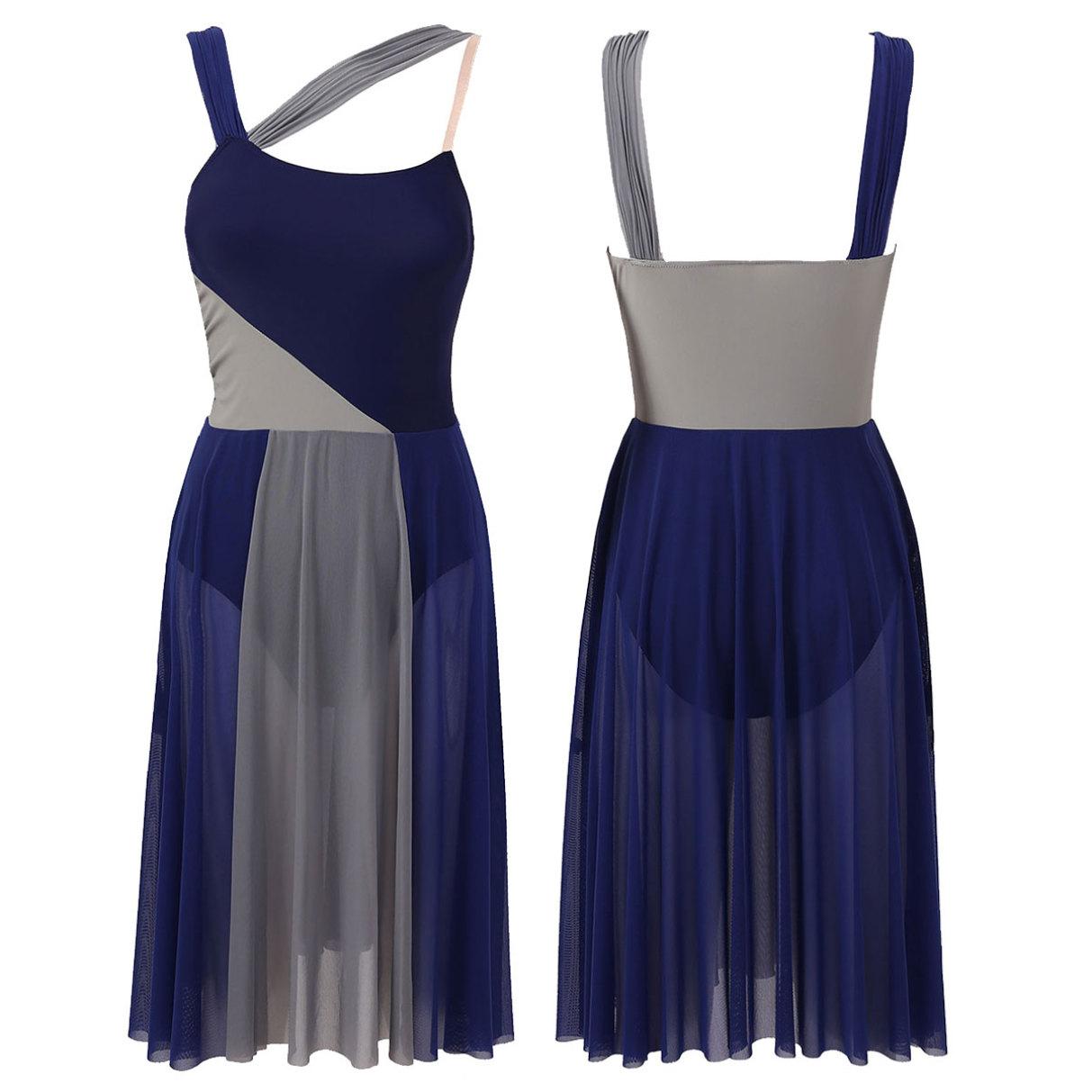 Ranrann Dames Asymmetrc Lyrische Moderne Dans Jurk Kleurblok Mesh Patchwork Ballet Gymnastiek Turnpakje Jurk Danskleding Kostuum XS