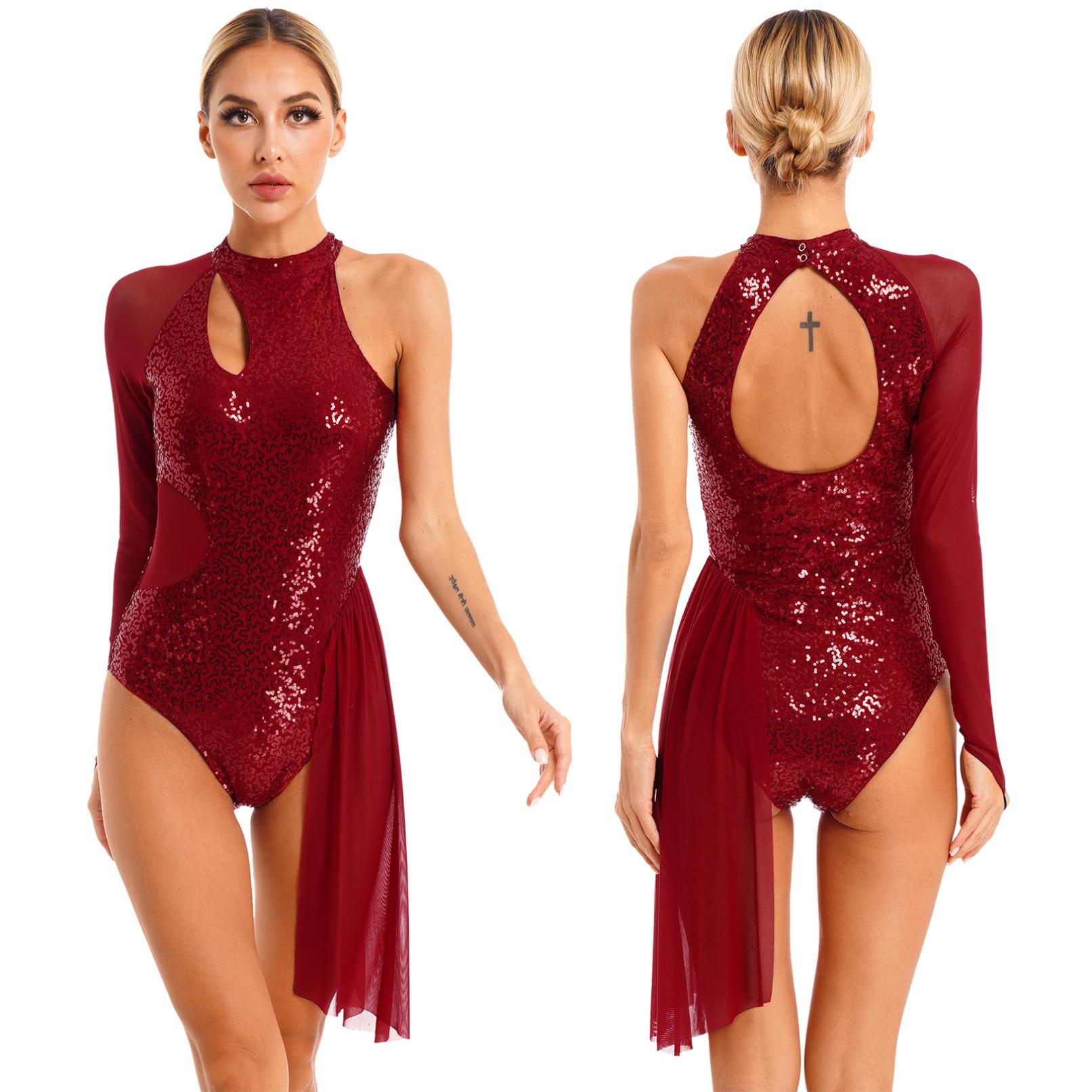 Ranrann Dames kunstschaatsjurk glitter pailletten turnpakje één schouder pure mesh dansjurken met lange mouwen S