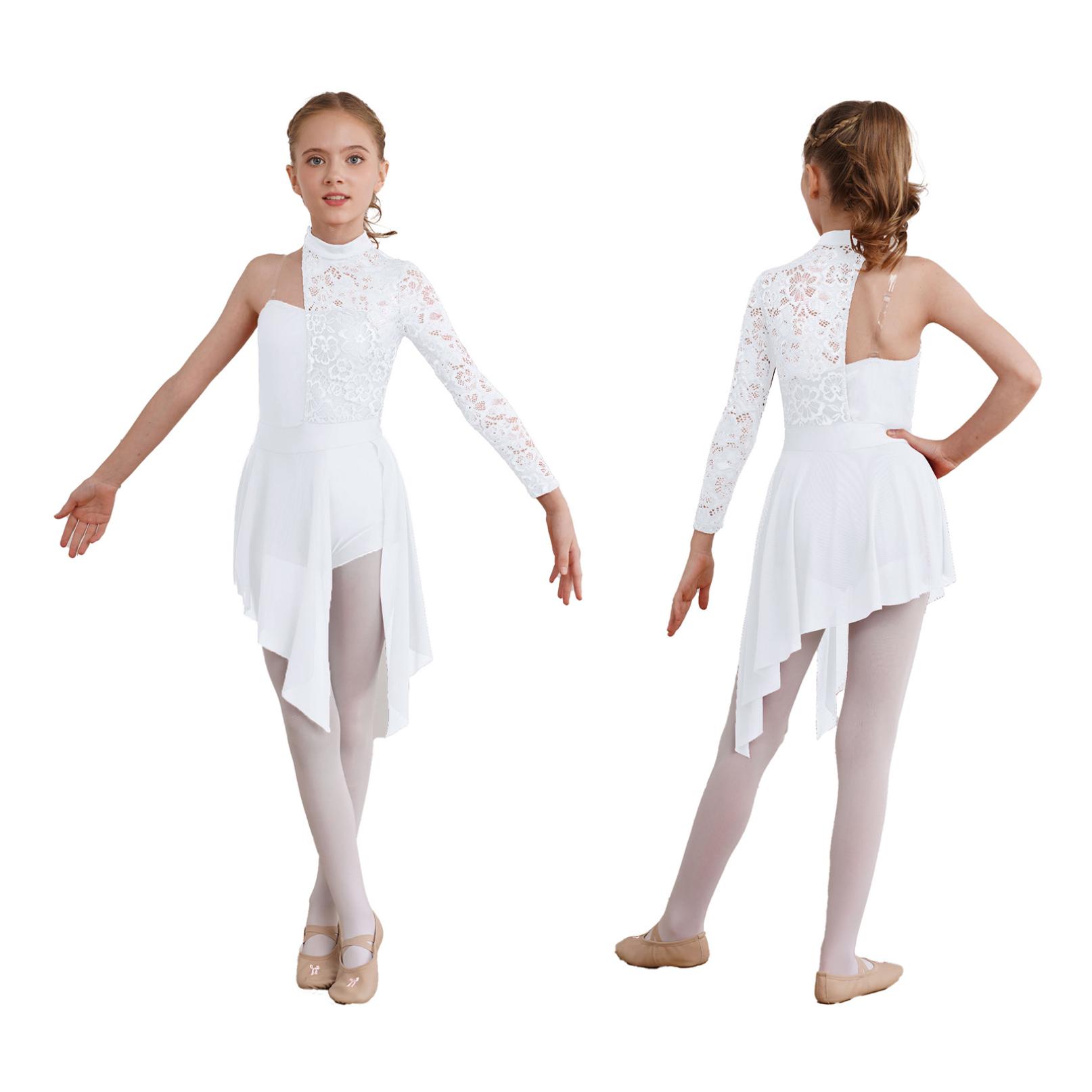 Inlzdz Meisjes Single Lange Mouw Kant Patchwork Lyrische Dansjurk Ballroom Moderne Hedendaagse Danskostuum 15-16 Years