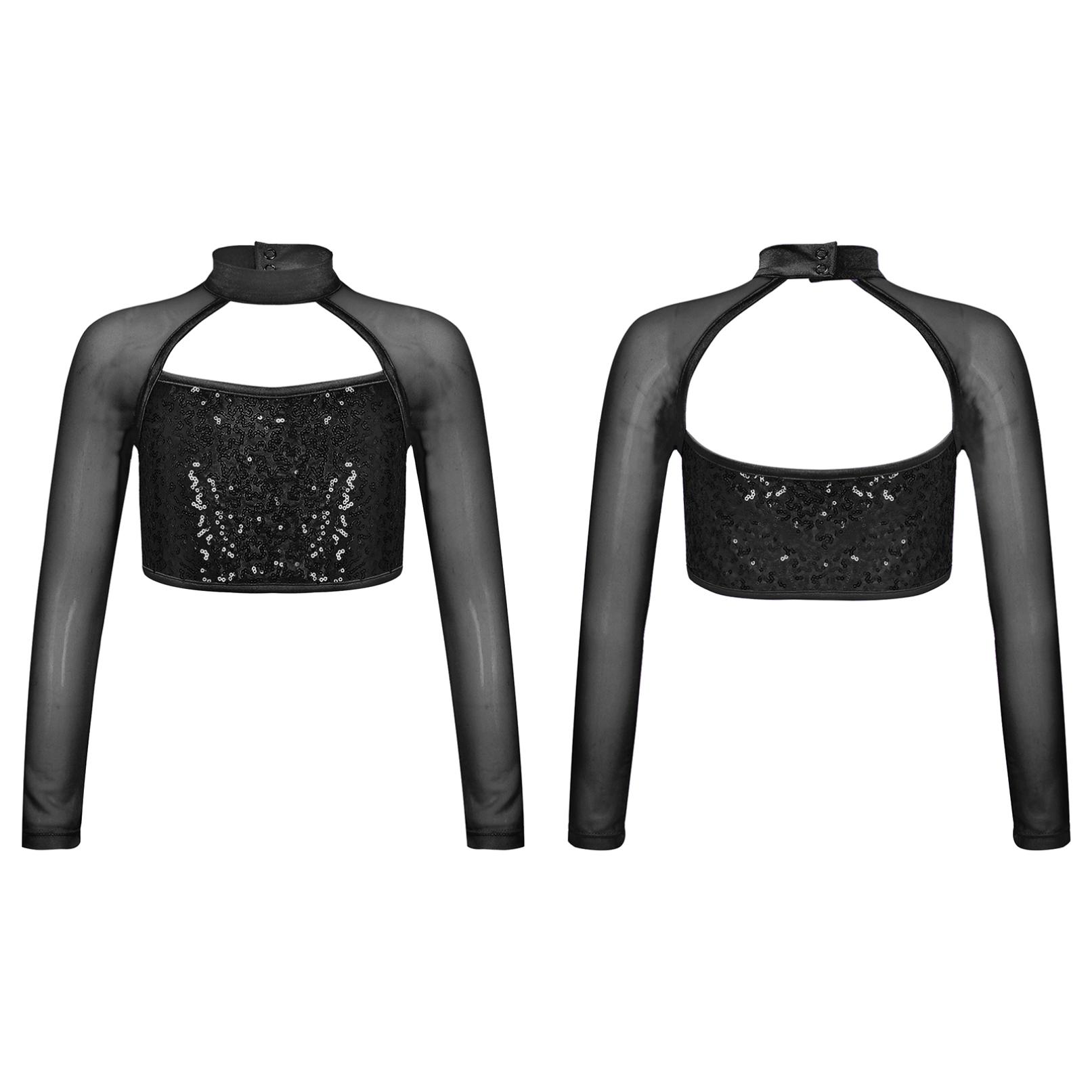 YOOJIA Kinderen Meisjes Glanzende Pailletten Crop Tops Mesh Gesplitste Lange Mouw T-shirt Ballet Jazz Dans Kostuum 5-6 Years