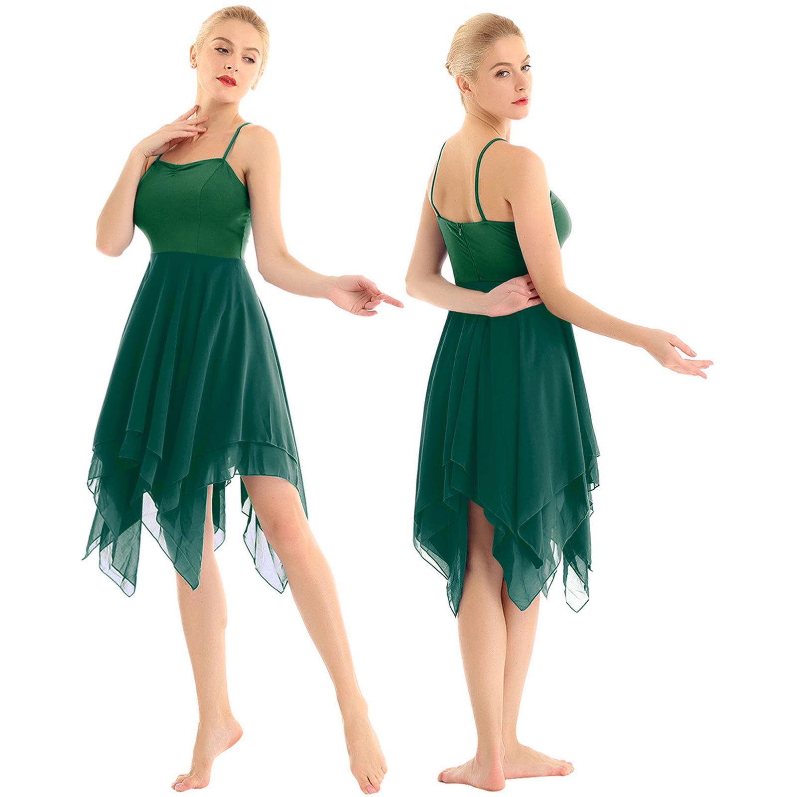Fldy Lyrisch danskostuum voor dames, asymmetrisch chiffon, modern balletjurk, ballroomdanskleding L