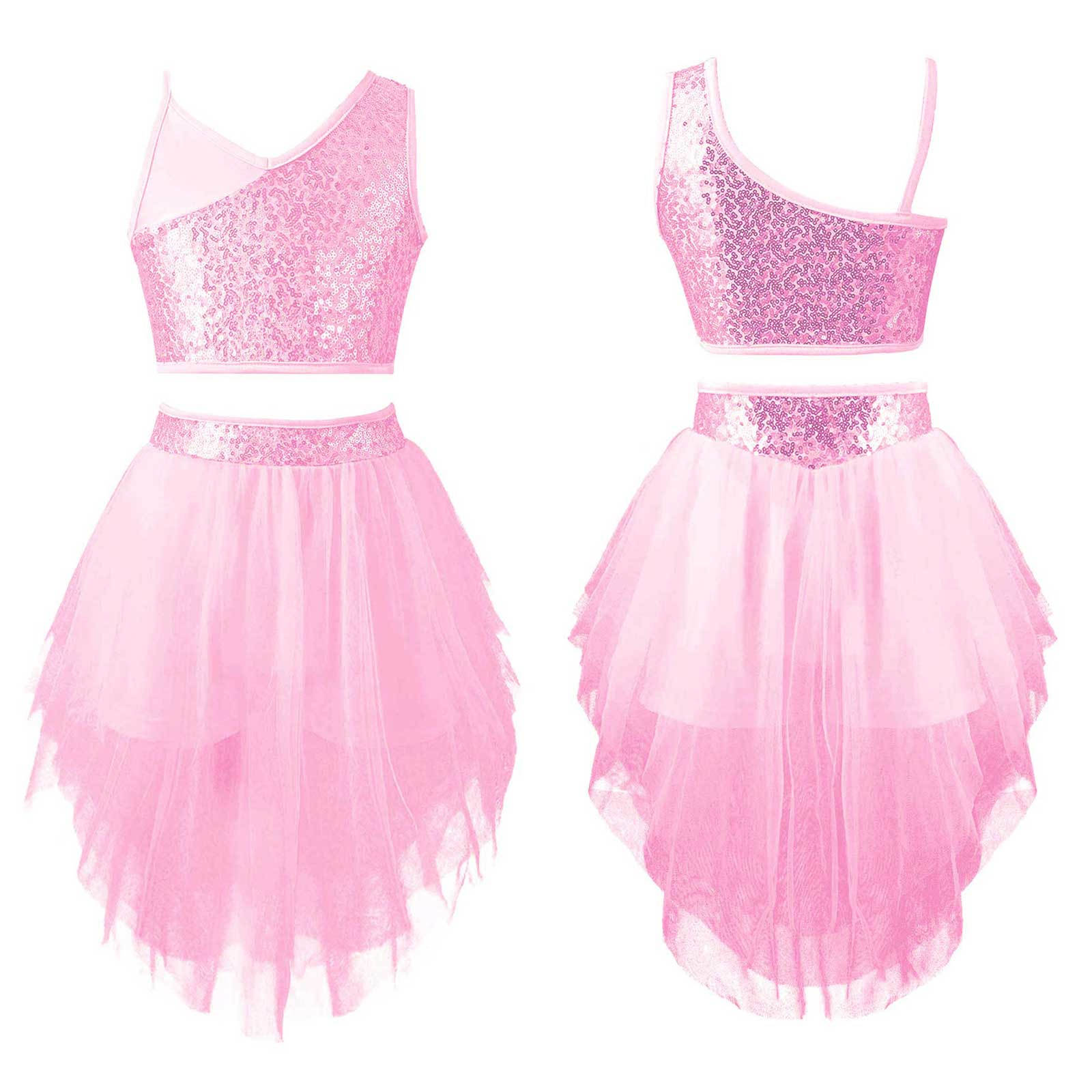 RUNQHUI Meisjes 2 stuks dansoutfits mouwloze spaghettibandjes pailletten crop top met tutu rok ballet danskleding 7-8 Years