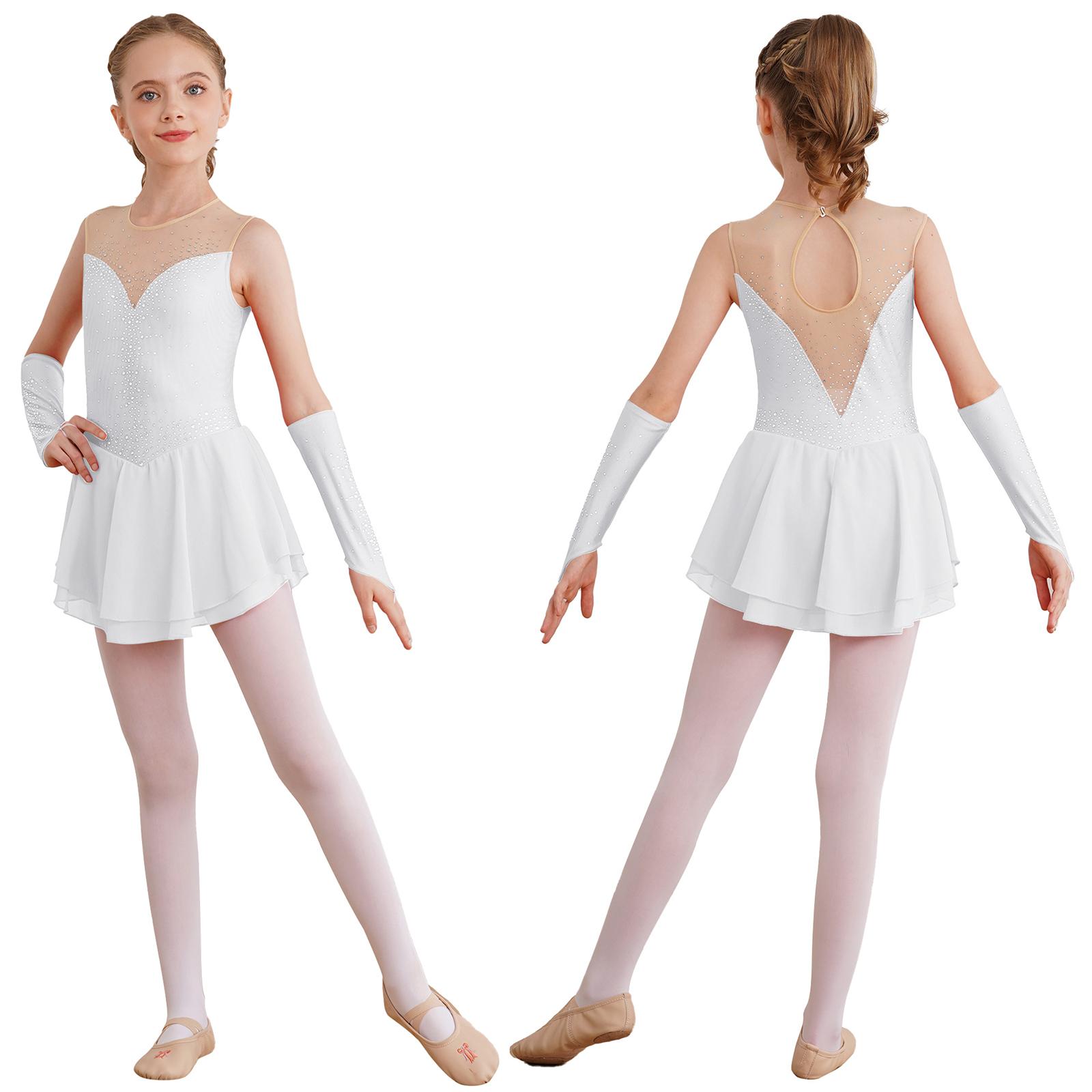 Yeahdor Kinderen Meisjes Kunstschaatsen Podium Prestatie Outfit Glinsterende Strass Sleutelgat Rug Mouwloze Dansjurk met Handschoenen 13-14 Years wit