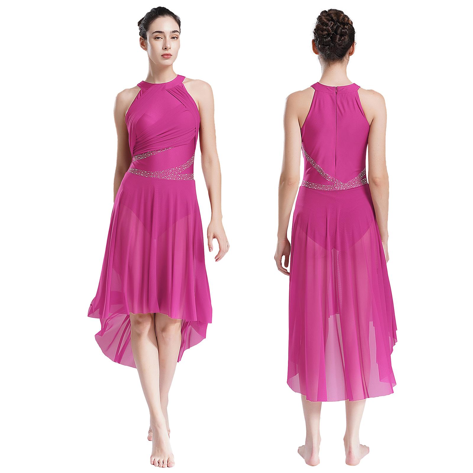 Yunduantong-electronic Dames Lyrical Ballet Ballroom Dans Leotard Danskleding Glinsterende Strass Gerimpelde Moderne Jurk Kunstrijden Gymnastiek Kostuum L
