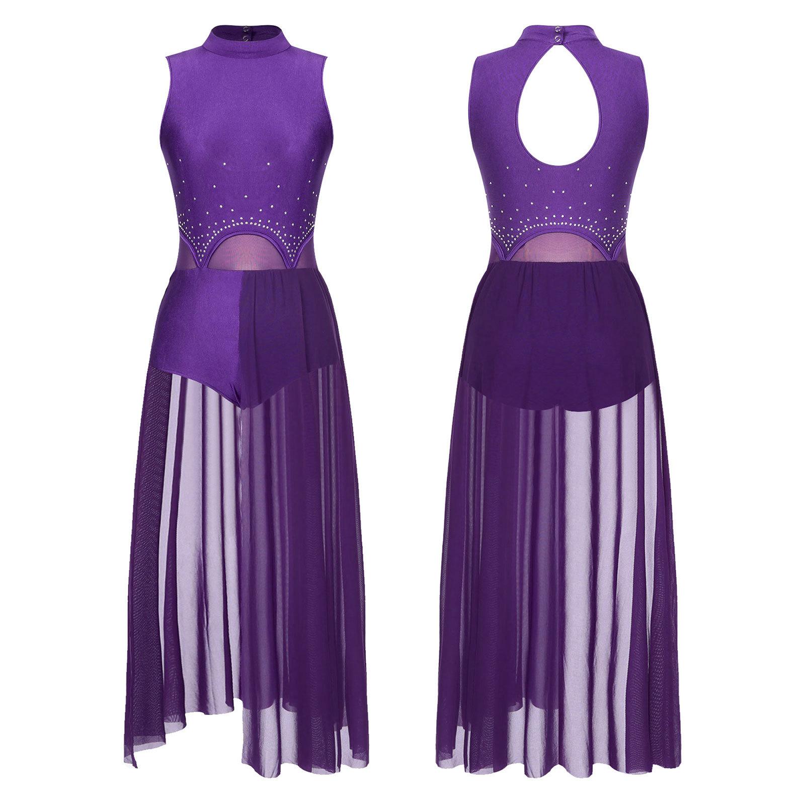 RUNQHUI Vrouwen lyrische danskostuum moderne hedendaagse balletdanskleding strass decor turnpakje jurk S