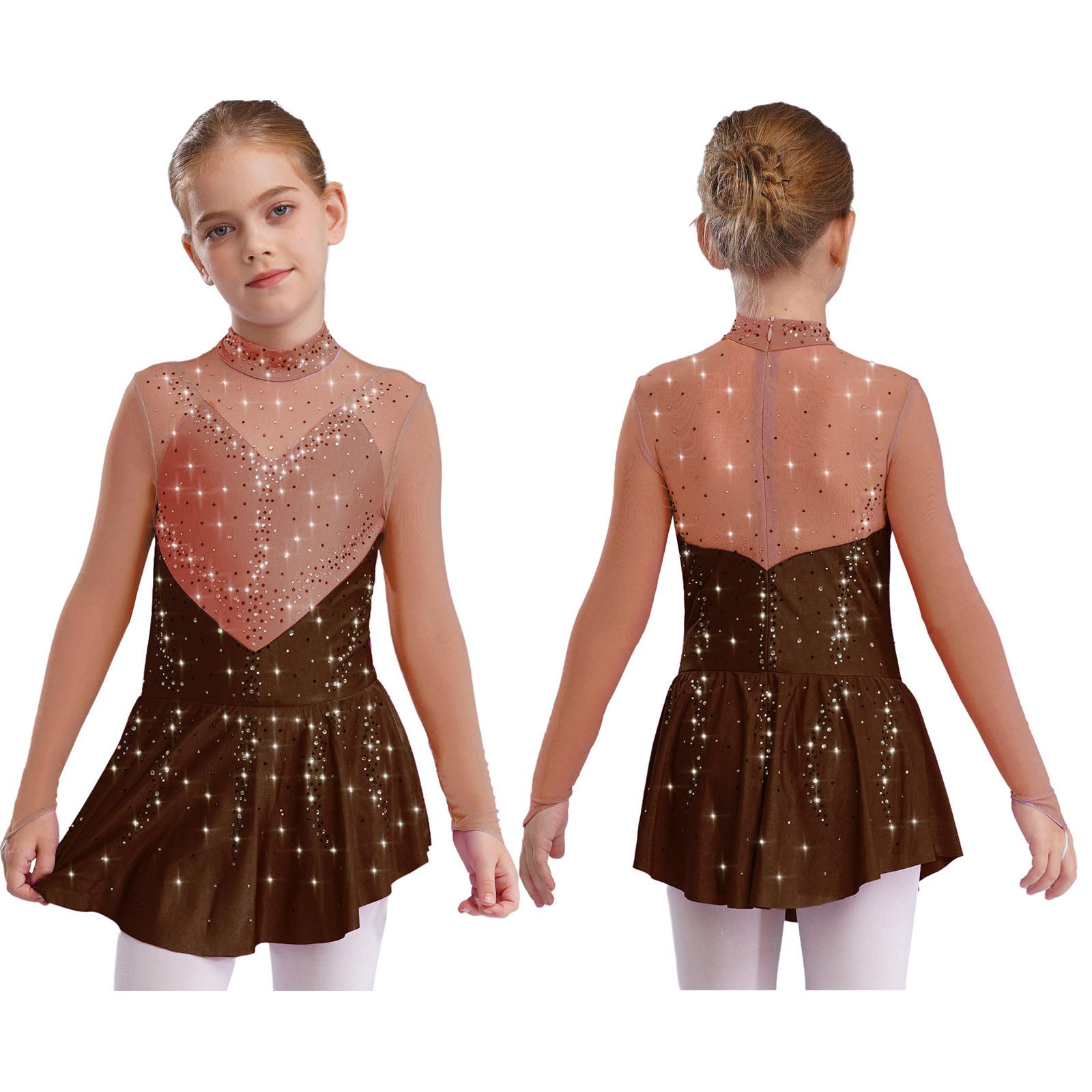 Aislor Kids Girls Figure Skating Dance Dresses Mock Neck Long Sleeve Color Block Sheer Mesh Patchwork Shiny Rhinestones Dress 9-10 Years