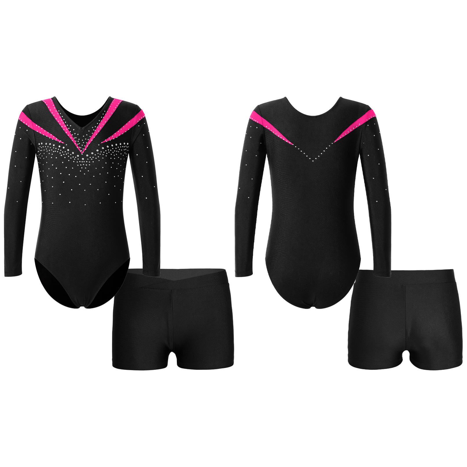 WinYing Meisjes Lange Mouw Glanzend Strass Decor Leotard met Atletische Shorts voor Dans Sport Gymnastiek 5-6 Years