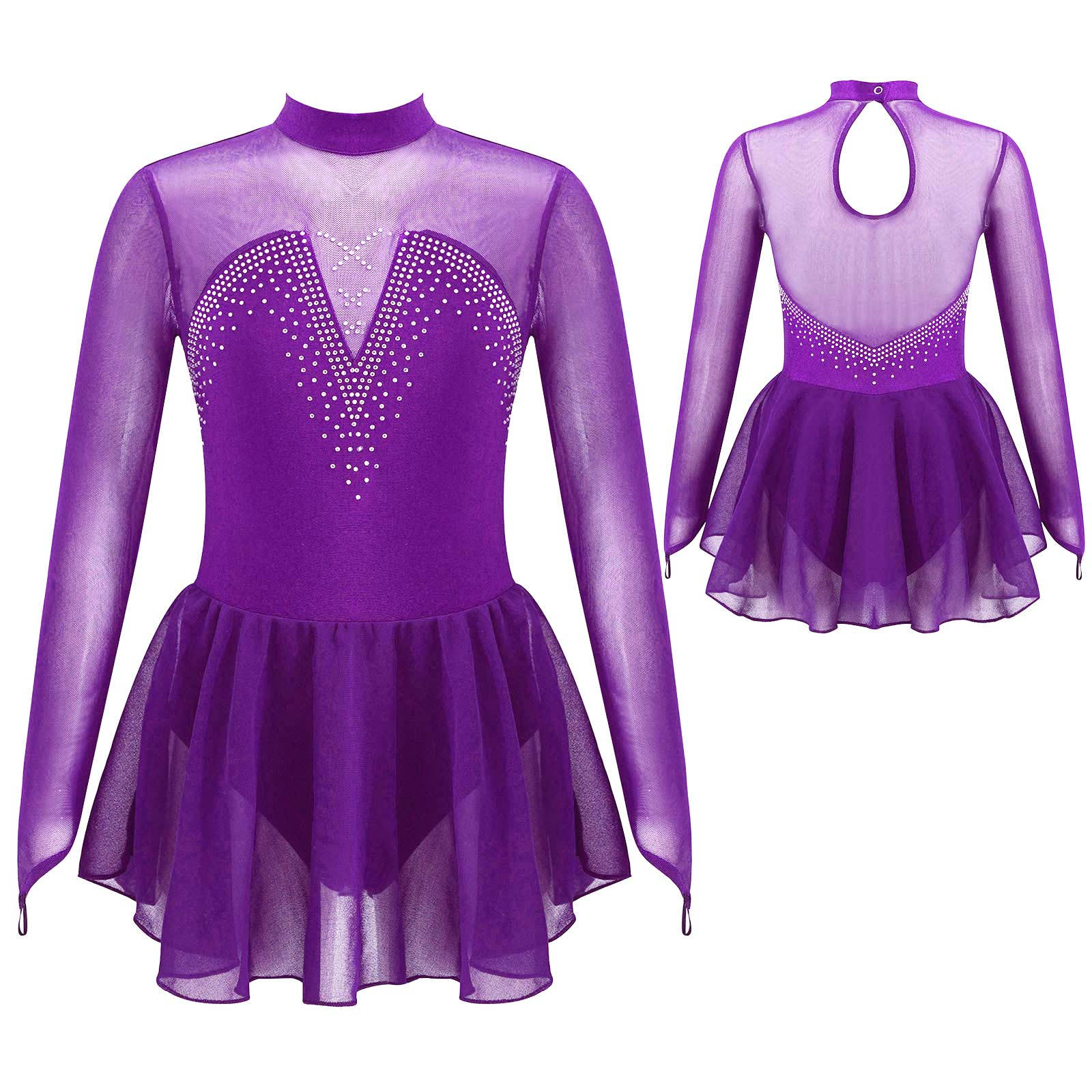 HULIJA Kinderen Meisjes Lange Mouw Glanzende Strass Mesh Splice Kunstschaatsjurk Ballet Danskleding 7-8 Years