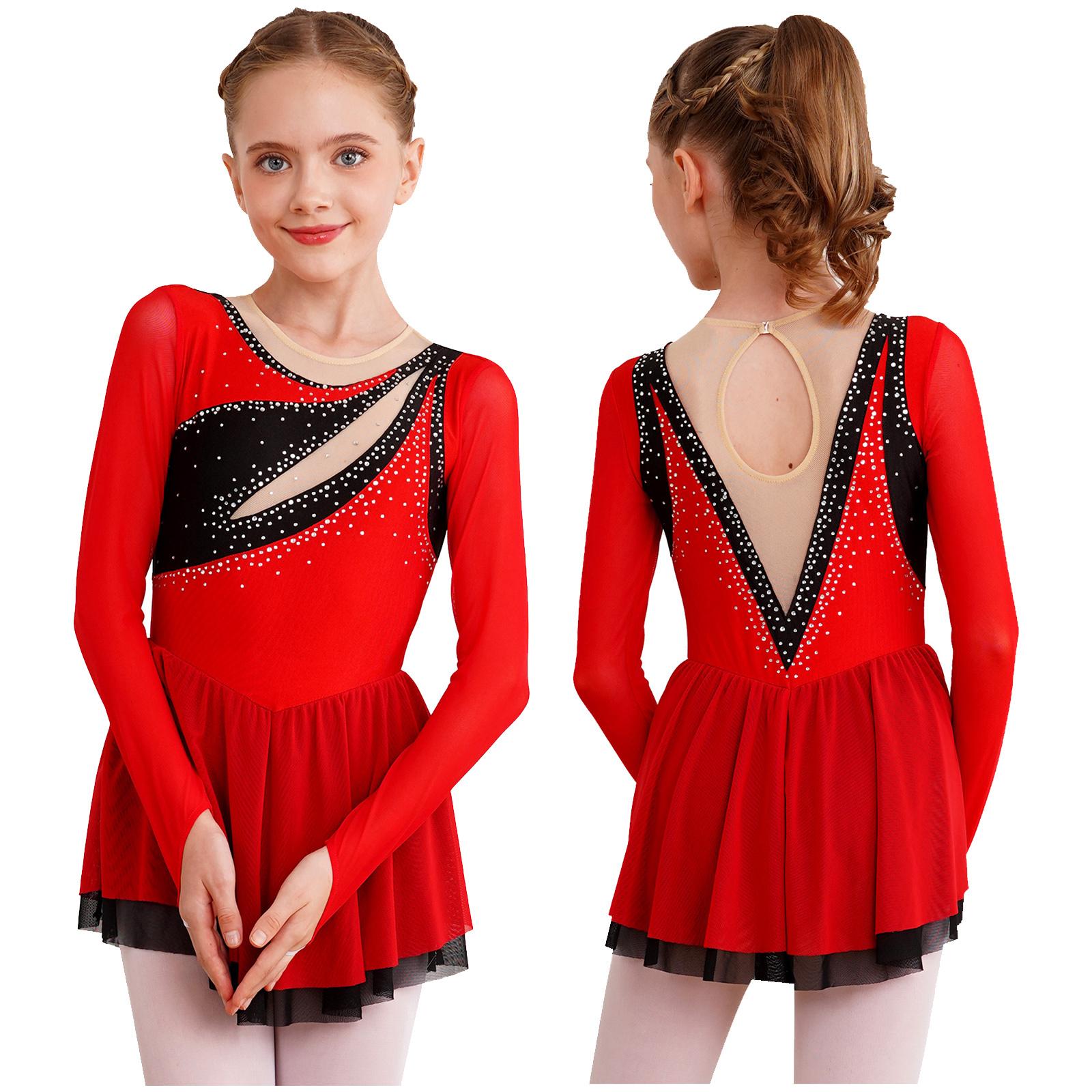 Yeahdor Girl's Sparkly Rhinestone Long Sleeve Ballet Lyrical Modern Dance Dress Figure Ice Skating Dress Skating wear 5-6 Years