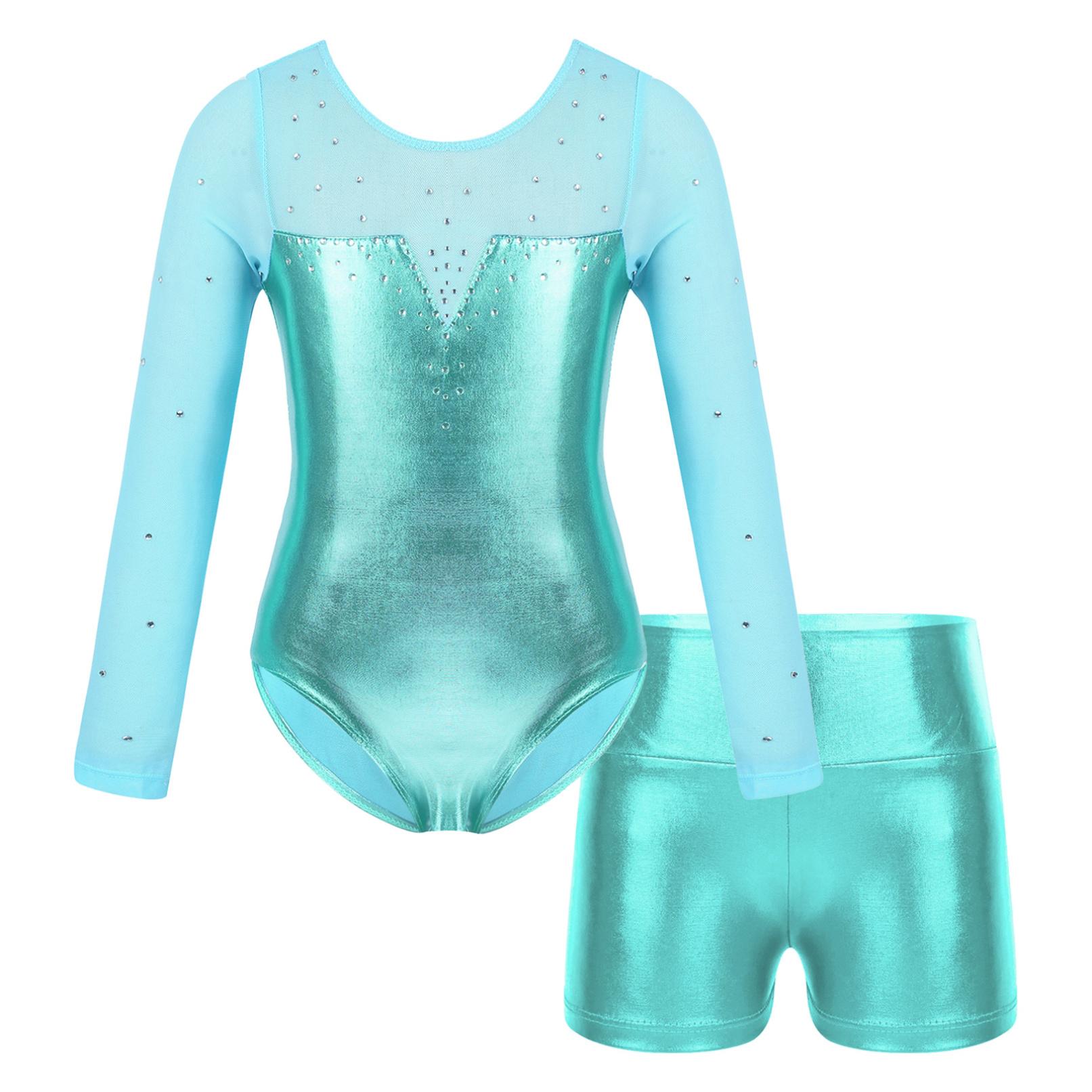 Ranrann Kinderen meisjes metallic lange mouw sprankelend atletisch danspakje met shorts outfits ballet unitard biketards danskleding 7-8 Years