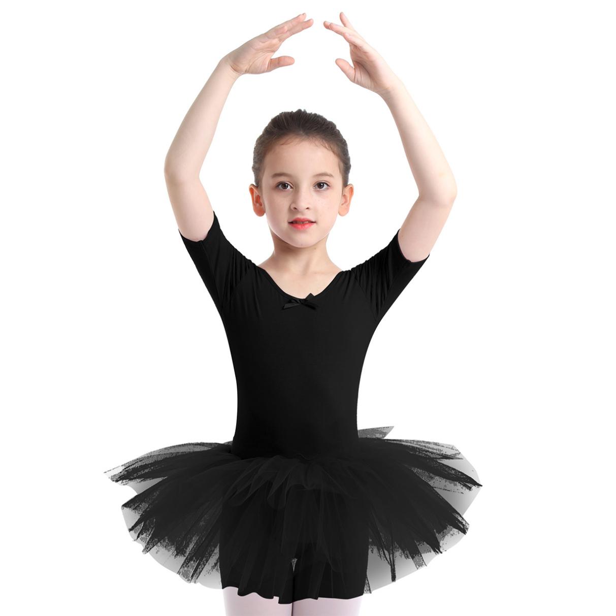 YOOJIA Balletjurk Kinderen Halve mouwen Katoen Dans Ballet Tutu Jurk Turnpakje Meisje Gymnastiek Danskleding Ballerina Feestkostuums 3-4 Years zwart