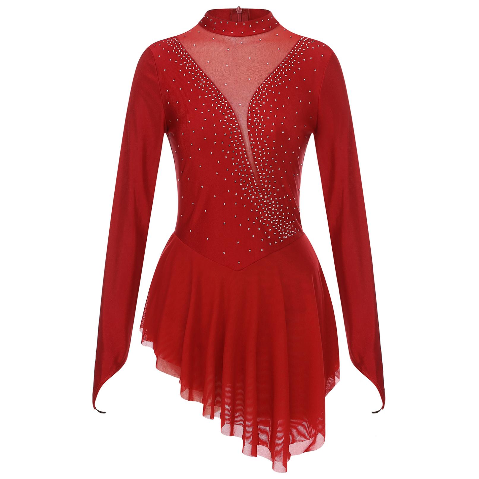 HULIJA Vrouwen Kunstschaatskostuum Glanzend Strass Sheer Mesh Lyrische Dans Ballet Gymnastiek Turnpakje Jurk met lange mouwen M
