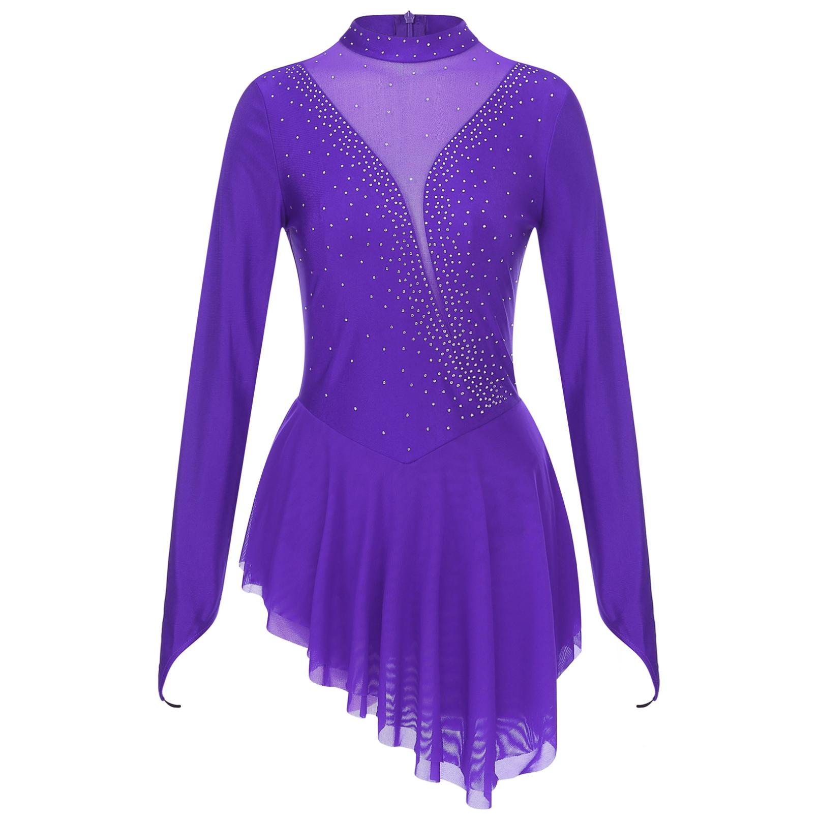 HULIJA Vrouwen Kunstschaatskostuum Glanzend Strass Sheer Mesh Lyrische Dans Ballet Gymnastiek Turnpakje Jurk met lange mouwen S