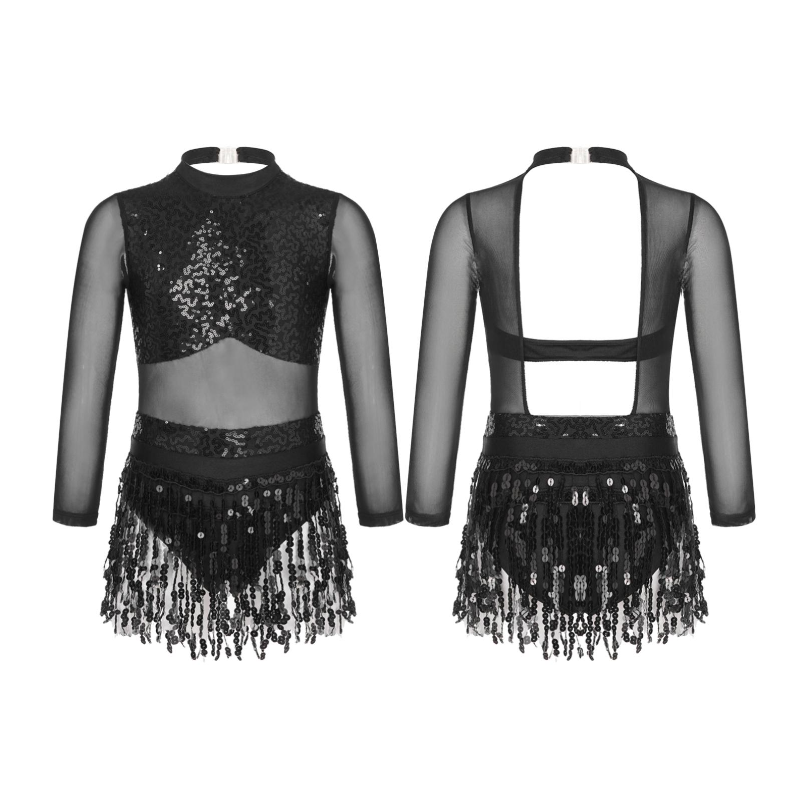 Inhzoy Kinderen Meisjes Pailletten Kwastje Latin Dans Kostuum Lange Mouw Holle Rug Lyrische Jazz Gymnastiek Ballet Outfits 9-10 Years