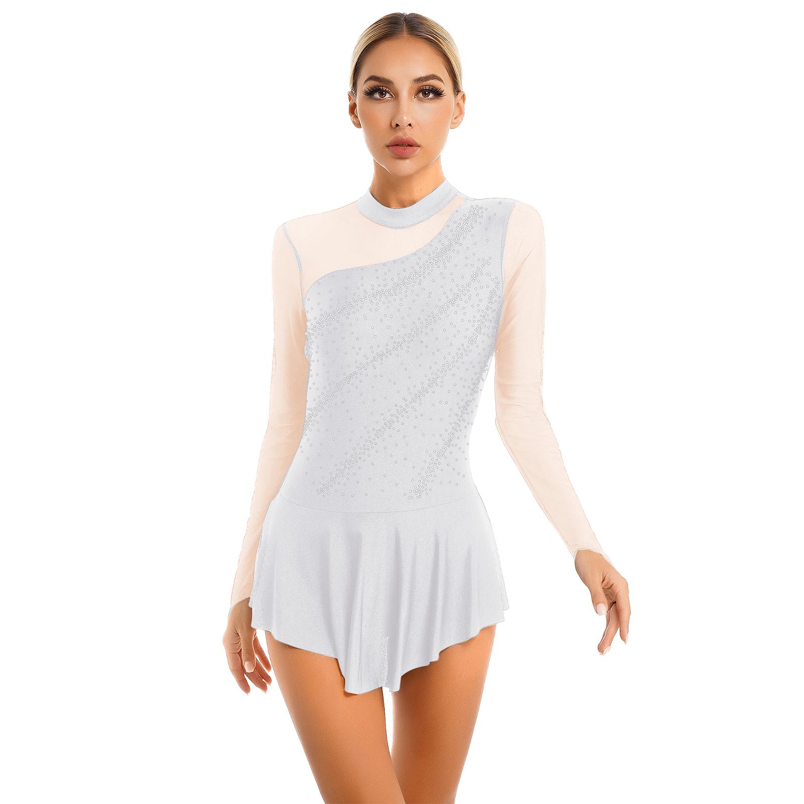 Ranrann Dames kunstschaatsen dansjurken strass pure mesh patchwork turnpakje met lange mouwen S