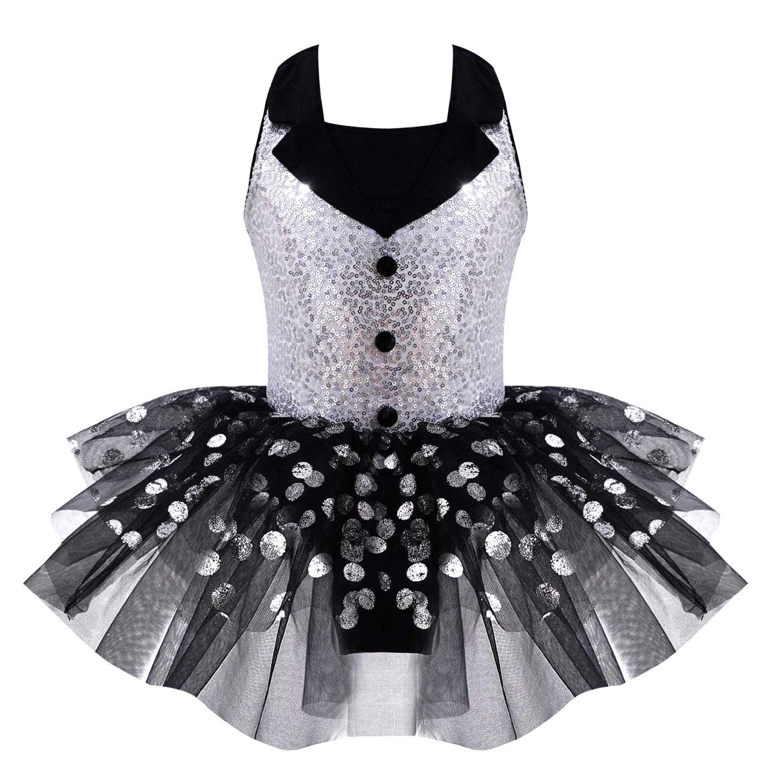 Linjinx Meisjes Kids Pailletten Bandjes Terug Turnpakje Tutu Jurk Ballet Jazz Latin Moderne Dansvoorstelling Circus Kostuum 9-10 Years zilver