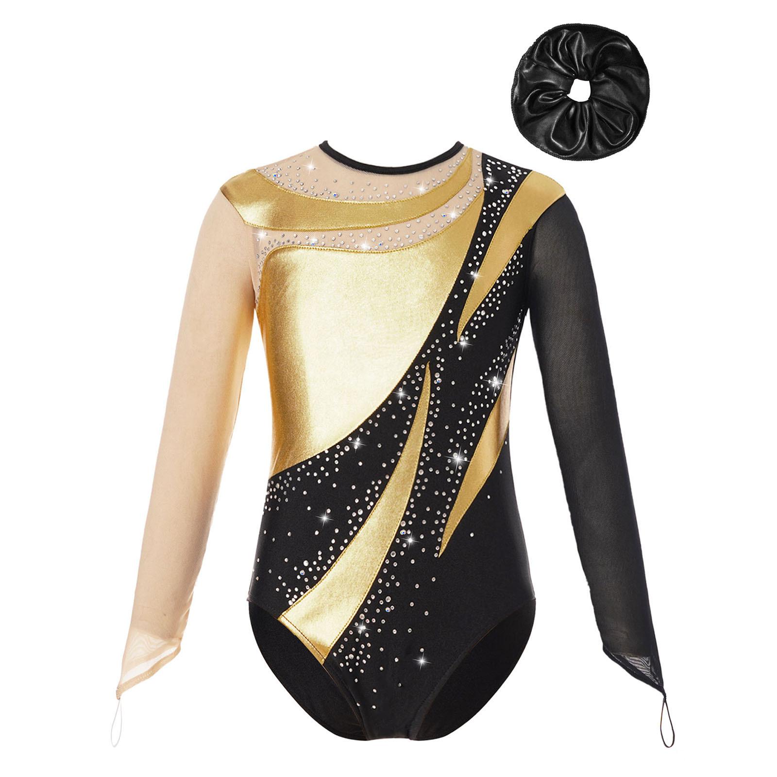 Sxiwei Kinderen Meisjes Gymnastiek Prestatie Outfit Mesh Lange Mouw Keyhole Terug Turnpakje Patchwork Body met Haarband 11-12 Years zwart/goud
