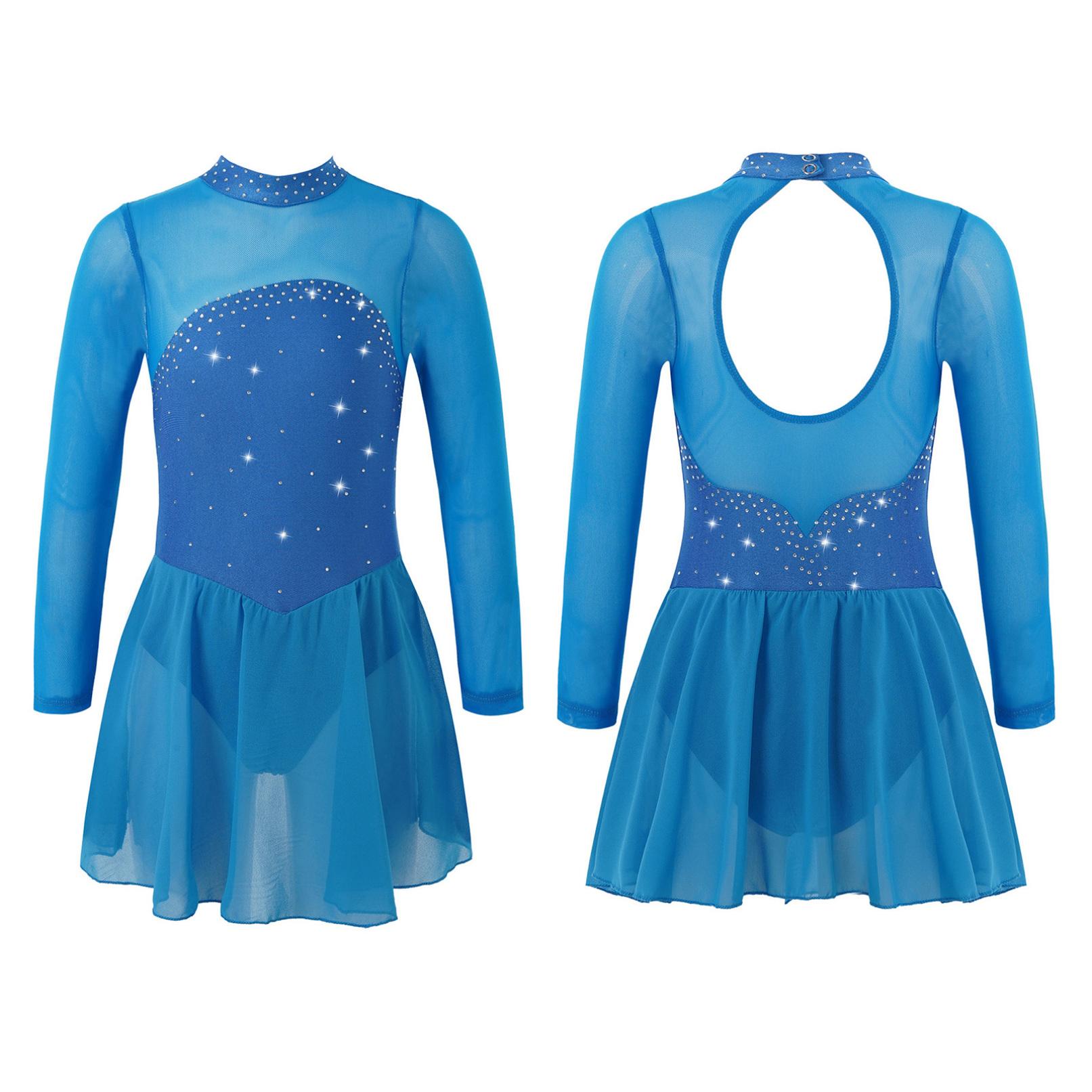 YONGHS Kinderen Meisjes Glanzende Steentjes Mesh Keyhole Terug Figuur Schaatsen Jurk Lange Mouwen Rolschaatsen Ballet Dans Turnpakje Jurk 9-10 Years