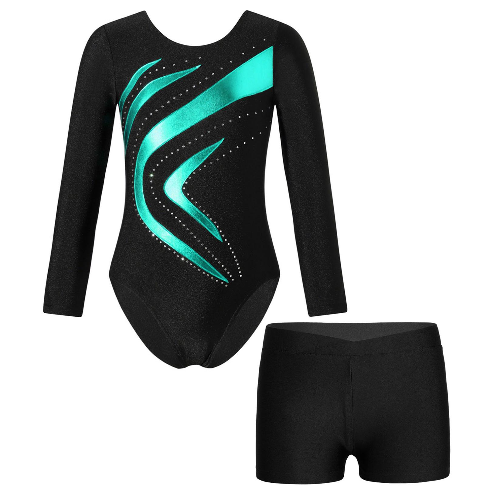 Inlzdz Kinderen Meisjes Lange Mouw Gymnastiek Dans Ballet Turnpakje met Shorts Atletische Workout Yoga Sportkleding Danskleding 13-14 Years