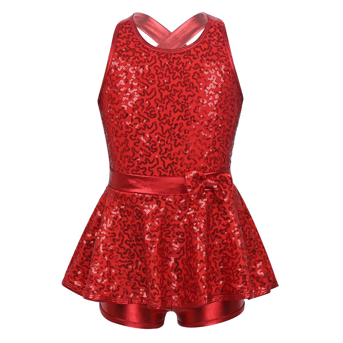 IEFiEL Meisjes Kinderen Sequin Ballet Jazz Modern Tap Jurk Danskleding Prestatiekostuum Criss Cross Back Leotard Shorts 8-10 Years