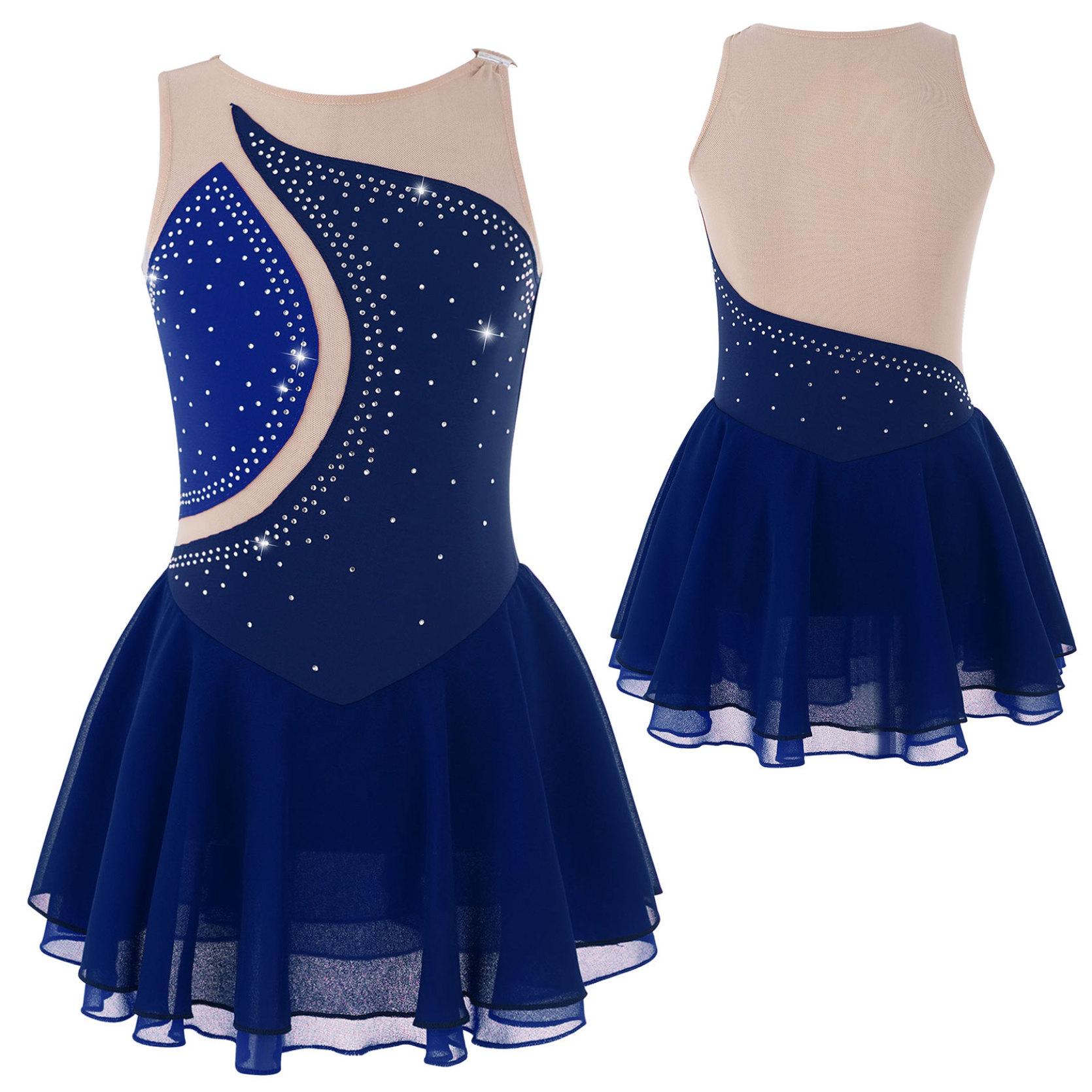 IEFiEL Ballet Dans Jurk Kind Meisjes Strass Mesh Rok Gymnastiek Turnpakje Prestaties Figuur Schaatsen Jurk Danskleding 8-10 Years