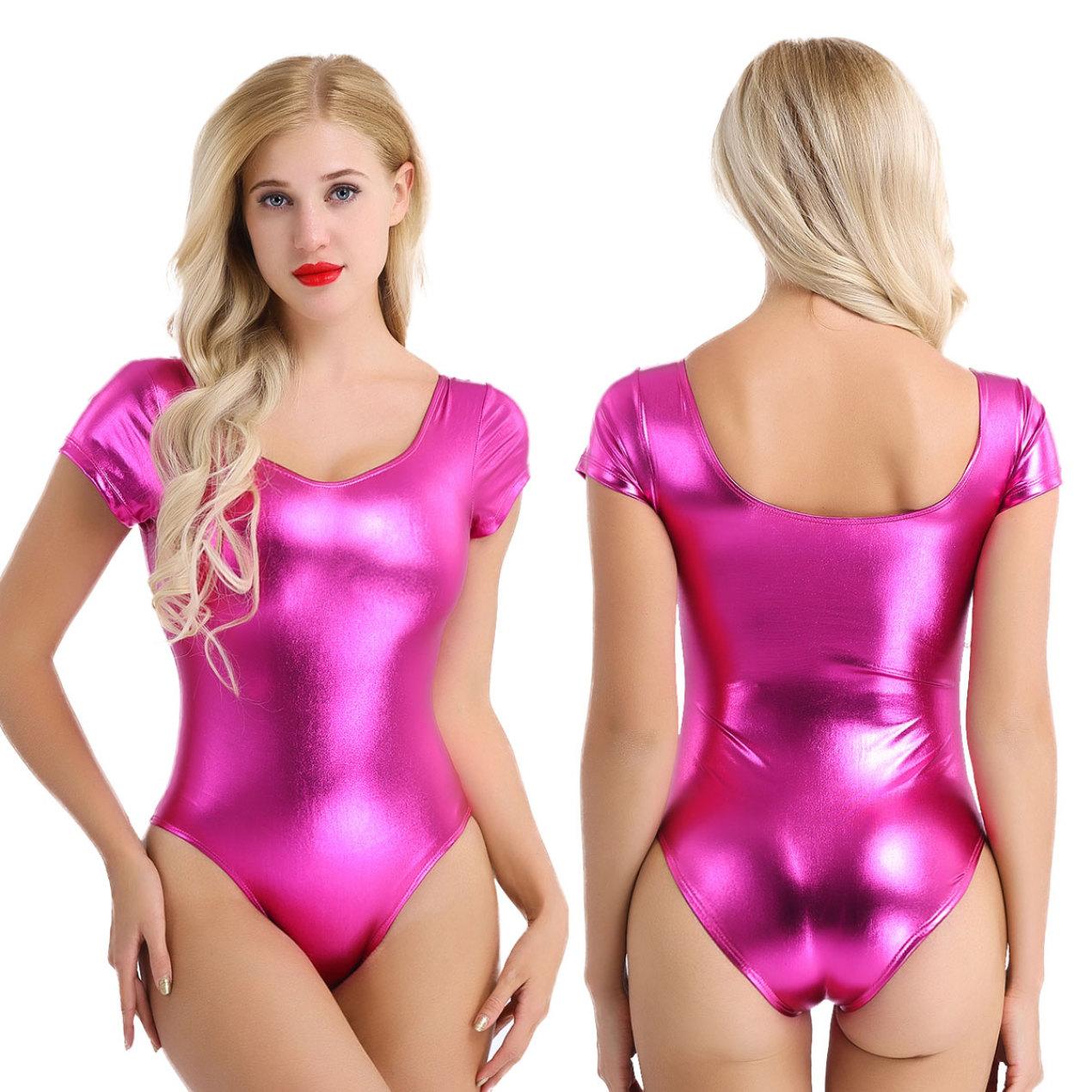 IEFiEL Dames balletdans turnpakje top rekbare gymnastiek bodysuit jumpsuit glanzende dancewear badmode badpak S helder roze