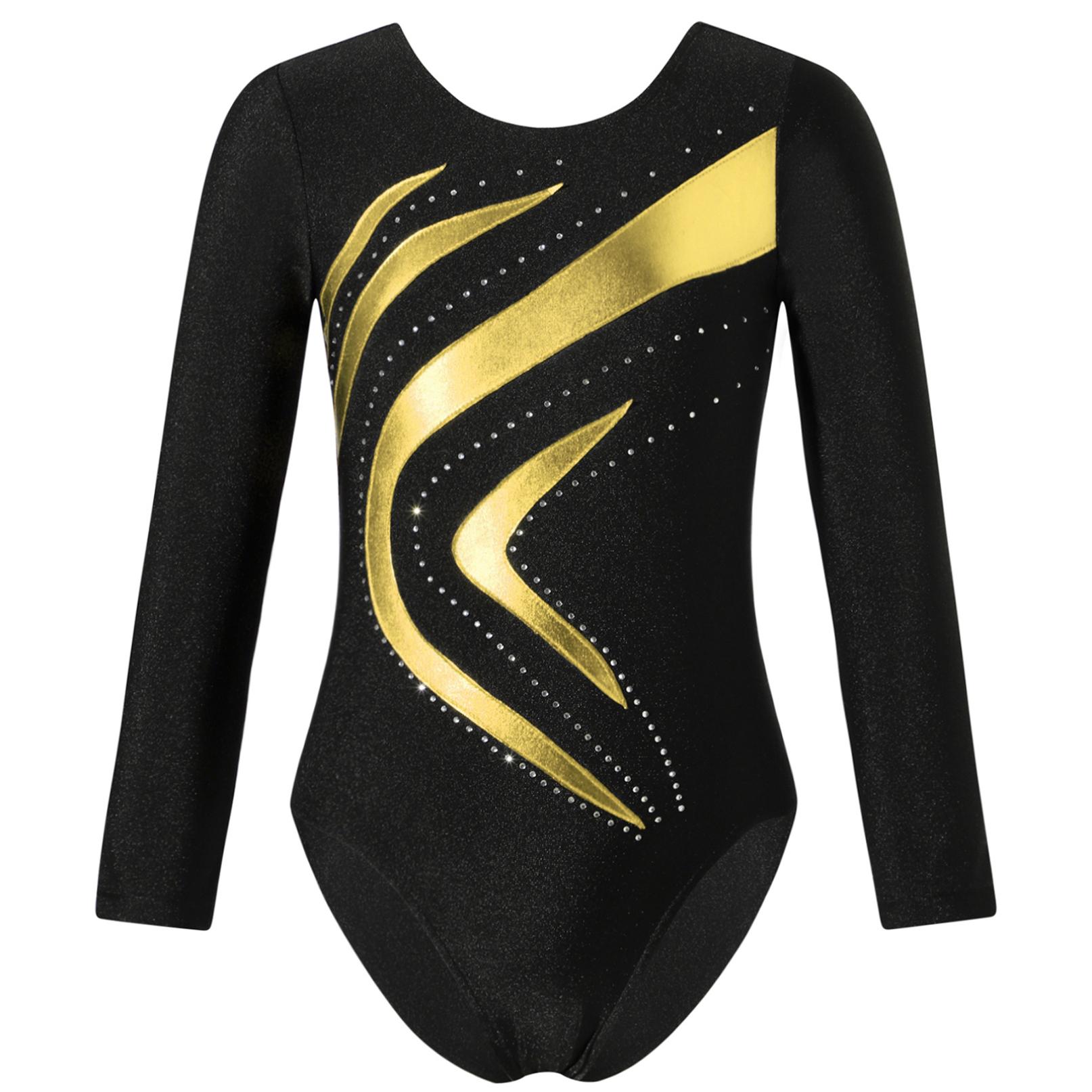 Inlzdz Kinderen meisjes ballet dans turnpakje ritmische gymnastiek kunstschaatsen yoga bodysuit lange mouw glanzende strass danskleding 7-8 Years goud