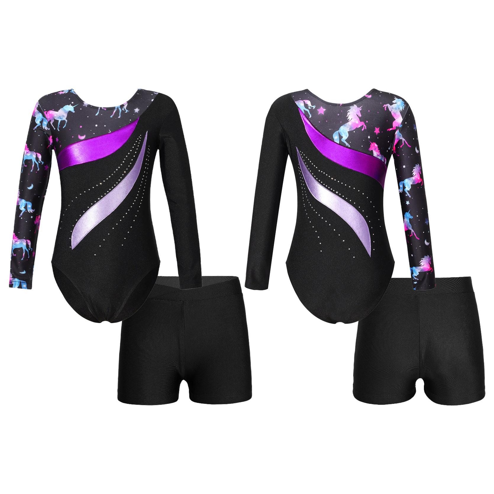 IEFiEL Kinderen meisjes lange mouw ronde hals glanzende strass decor turnpakje met shorts voor dans gymnastiektraining 3-4 Years zwart/paars