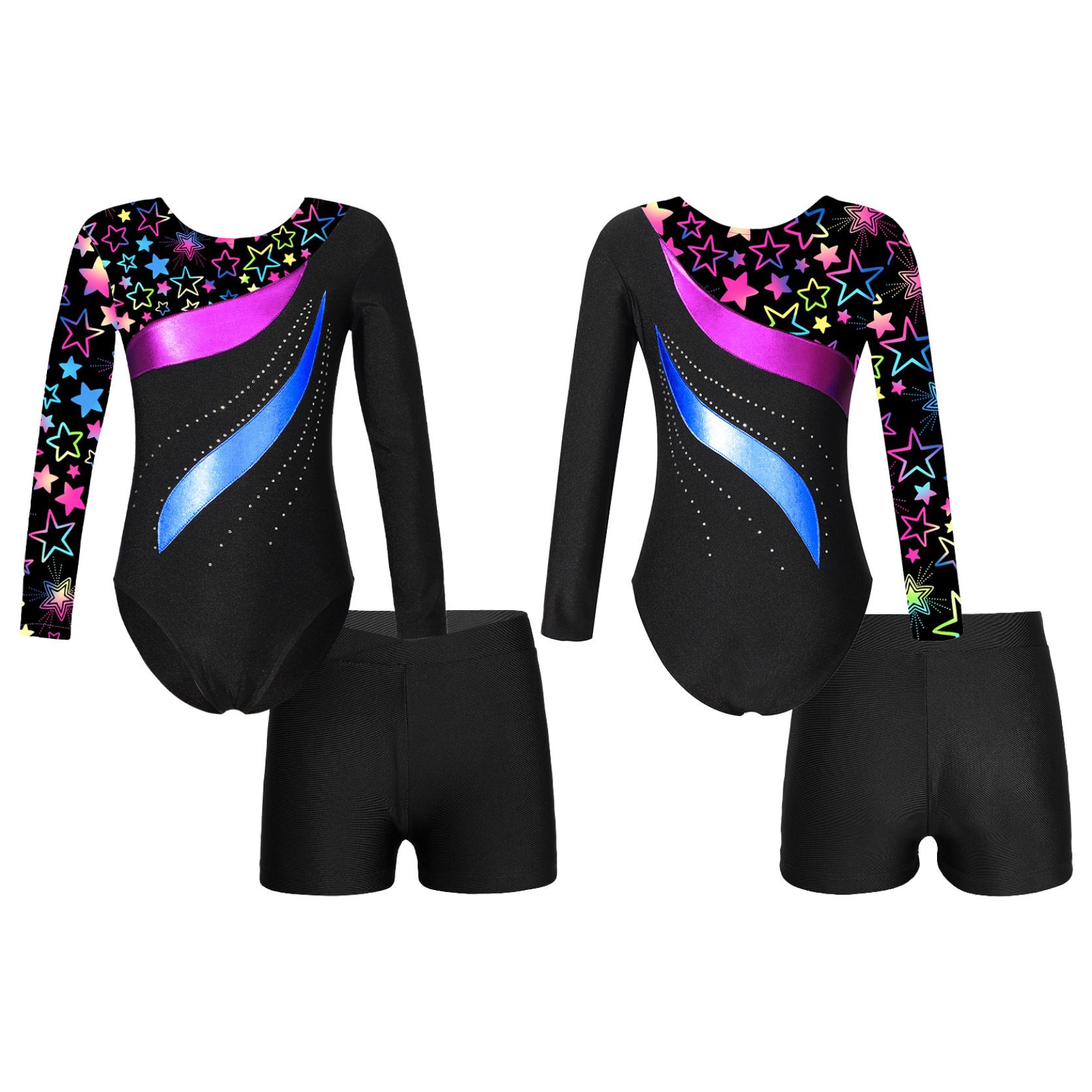 IEFiEL Kinderen meisjes lange mouw ronde hals glanzende strass decor turnpakje met shorts voor dans gymnastiektraining 5-6 Years