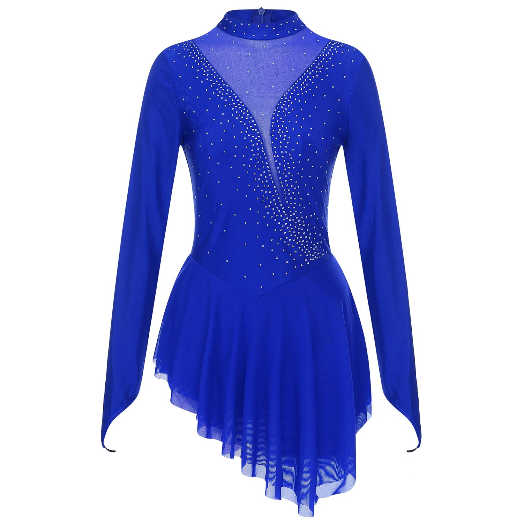 IEFiEL Vrouwen Kunstschaatskostuum Glanzend Strass Sheer Mesh Lyrische Dans Ballet Gymnastiek Turnpakje Jurk met lange mouwen S