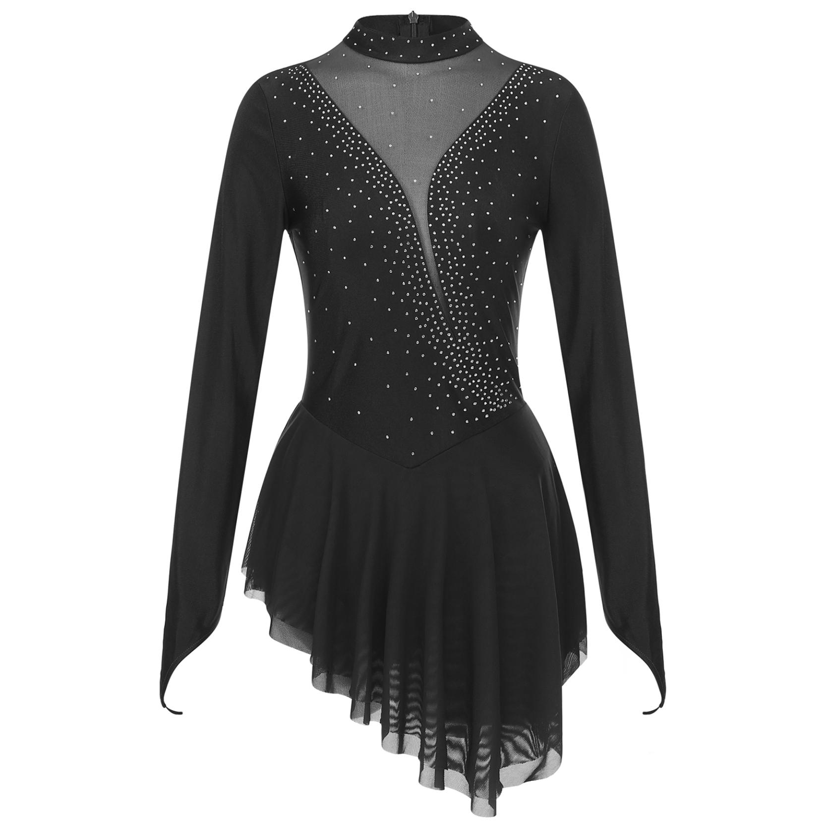 IEFiEL Vrouwen Kunstschaatskostuum Glanzend Strass Sheer Mesh Lyrische Dans Ballet Gymnastiek Turnpakje Jurk met lange mouwen XXL