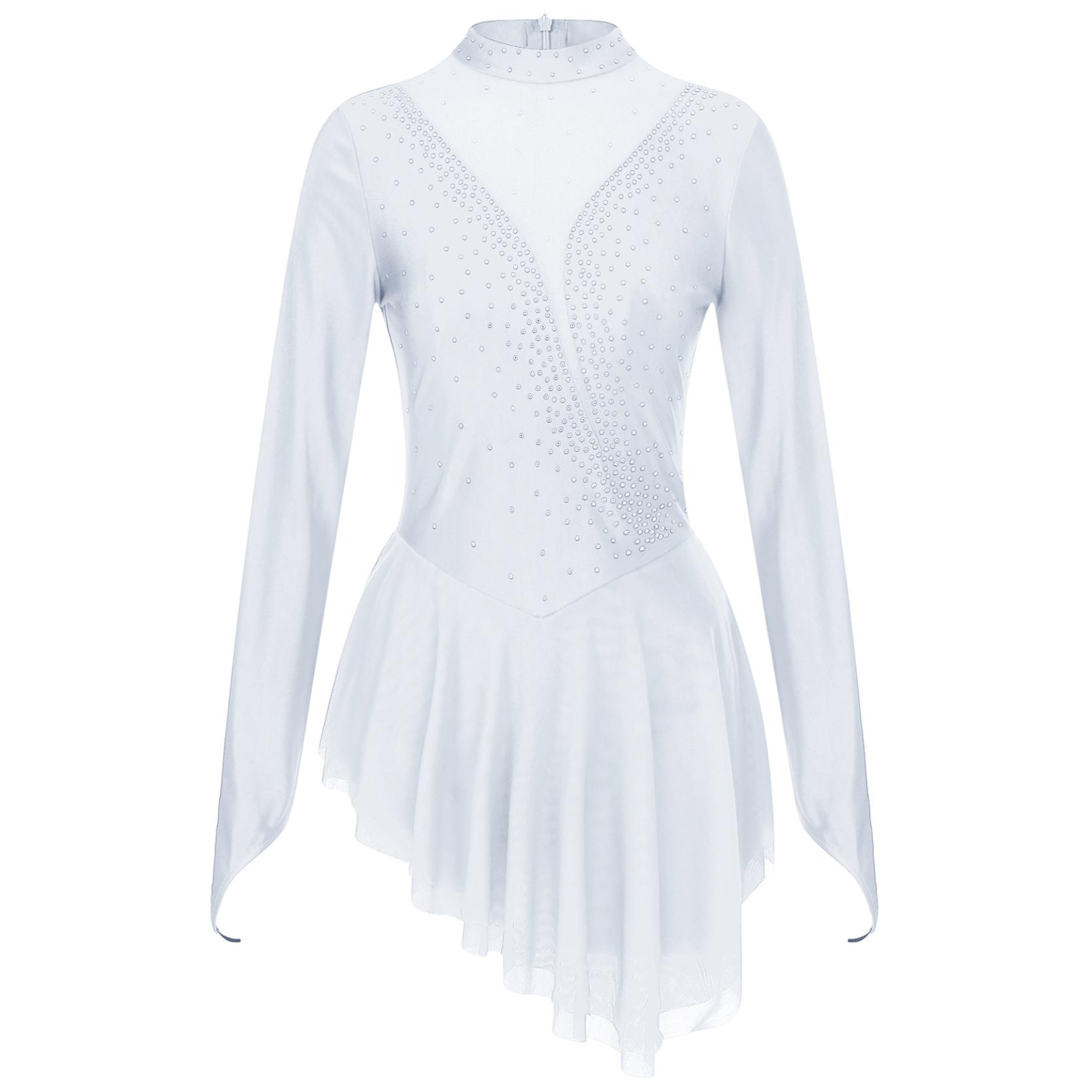IEFiEL Vrouwen Kunstschaatskostuum Glanzend Strass Sheer Mesh Lyrische Dans Ballet Gymnastiek Turnpakje Jurk met lange mouwen S